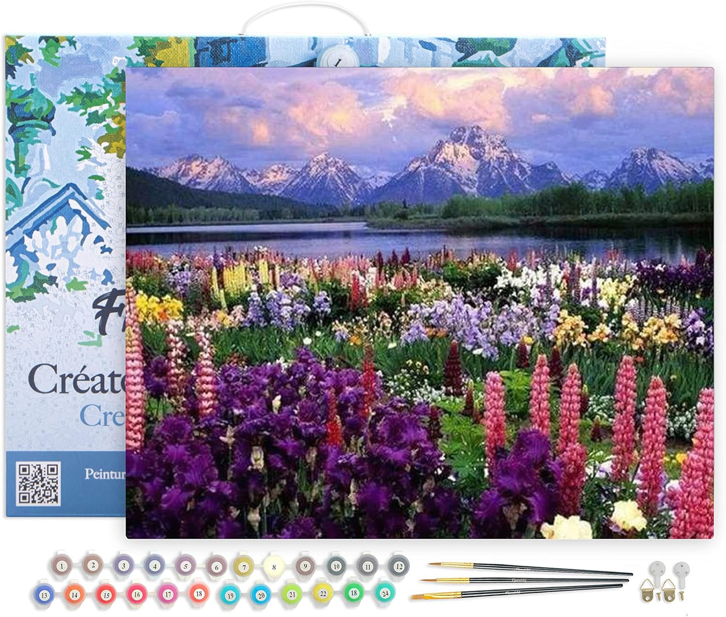 Malen nach Zahlen Set mit Rahmen, Blumen und See am Fuße des Berges 40x50cm Mit Rahmen (bereits gespannt)