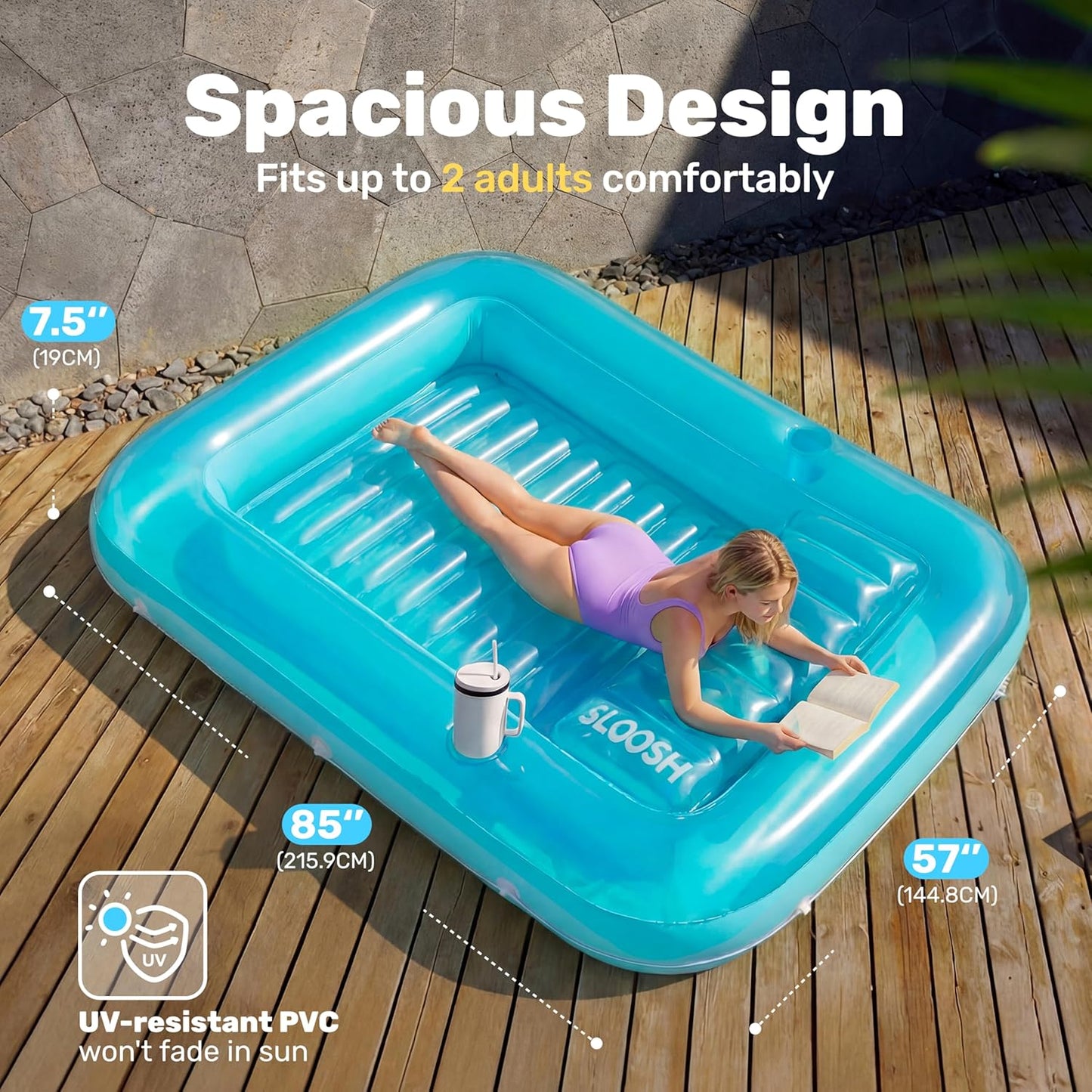 Aufblasbarer Sonnenpool mit abnehmbarem Kissen und Getränkehalter, Blau XL