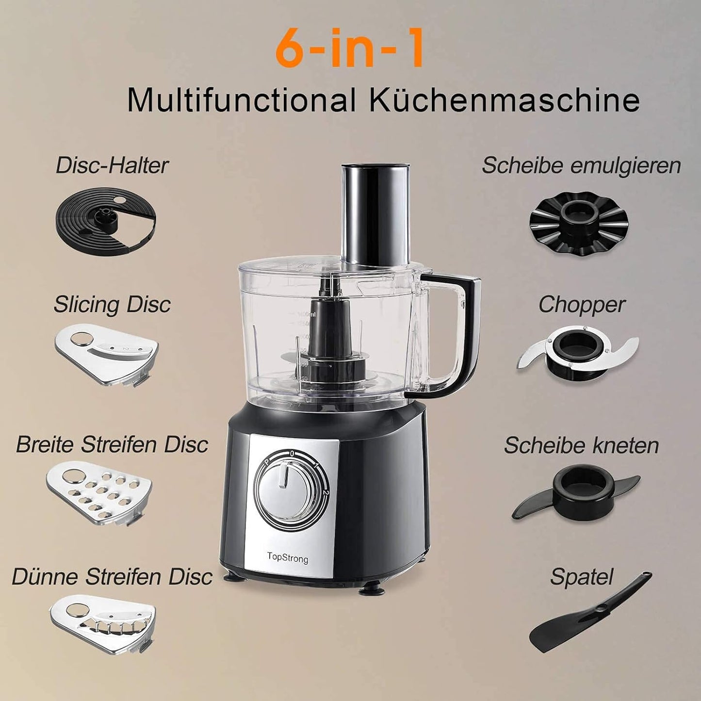 6in1 Foodprozessor, Sliver+schwarz