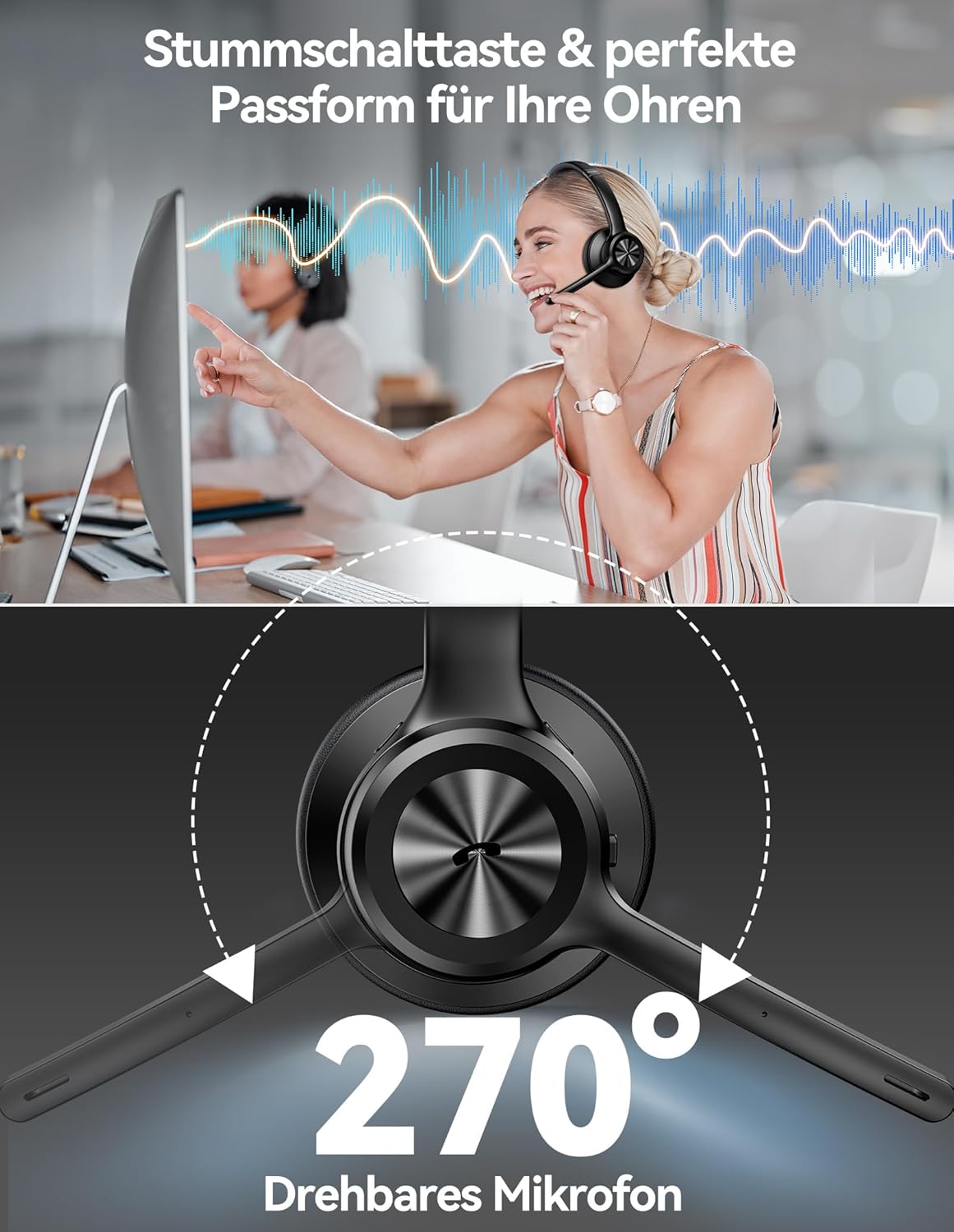 Bluetooth Headset mit Mikrofon & USB Dongle, TK-HS022, Schwarz Kabellose binaurale mit Dongle