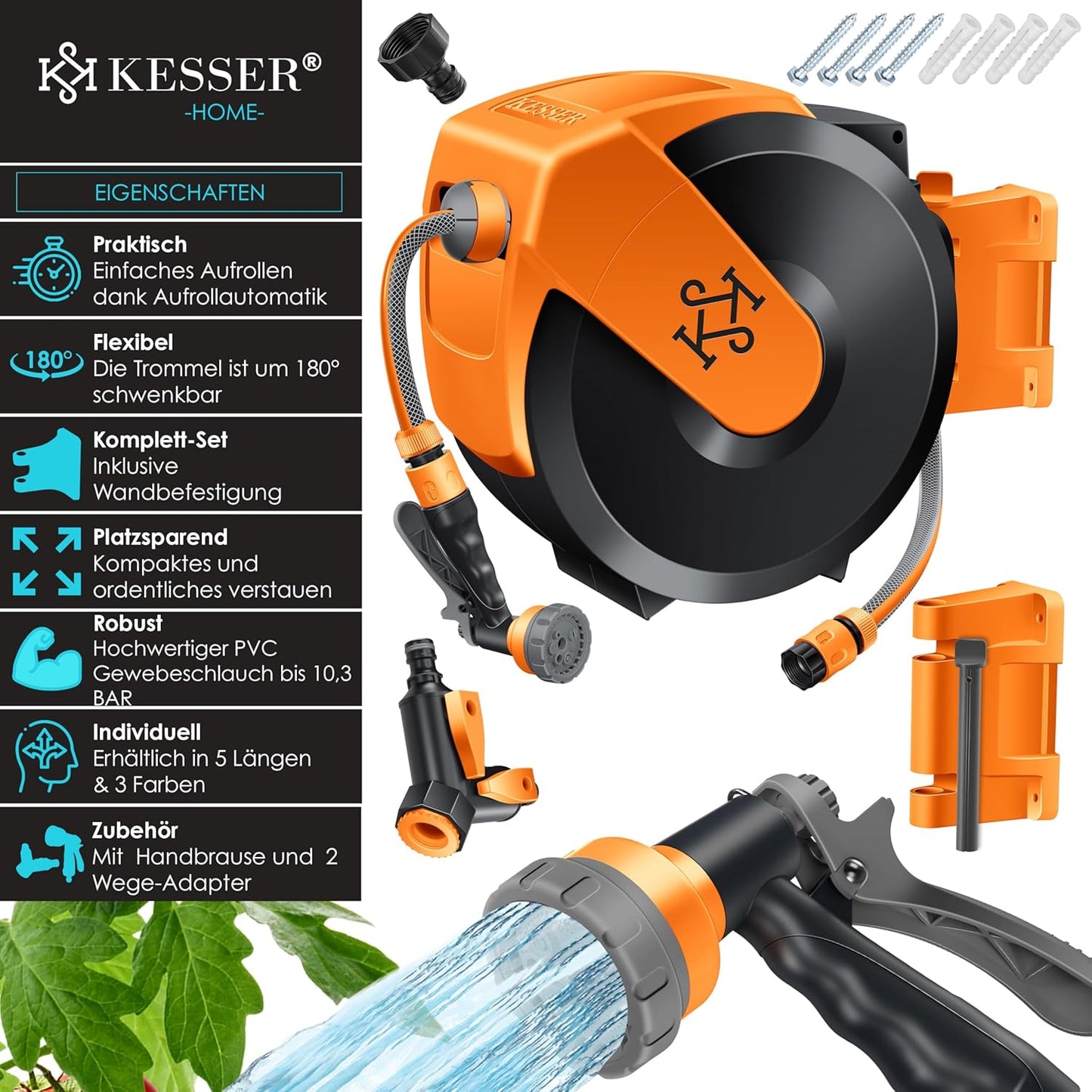 Schlauchtrommel mit 35m Gartenschlauch & Handbrause, Schwarz / Orange, 35m