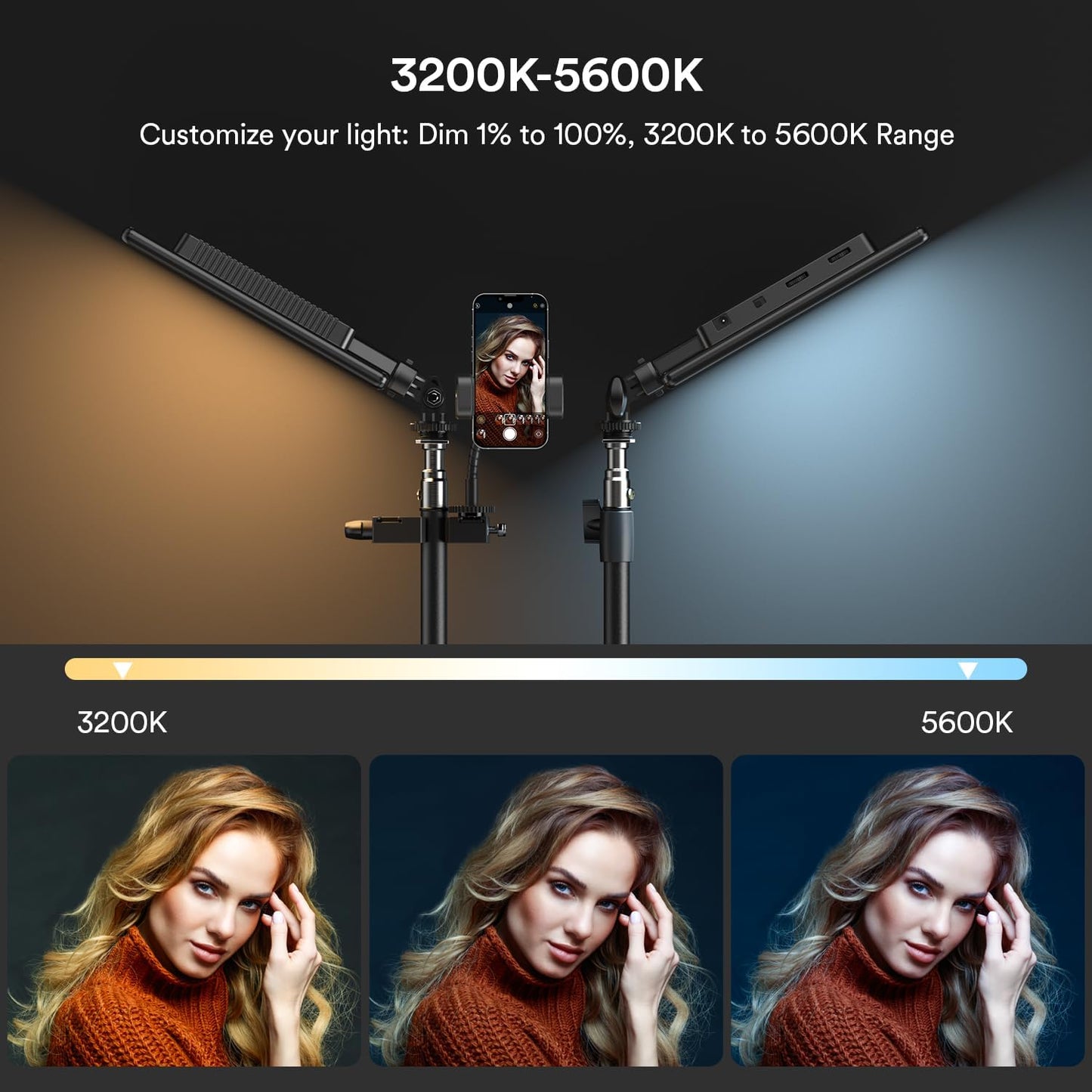 2er LED Videoleuchte-Set mit Stativ und Handyhalterung