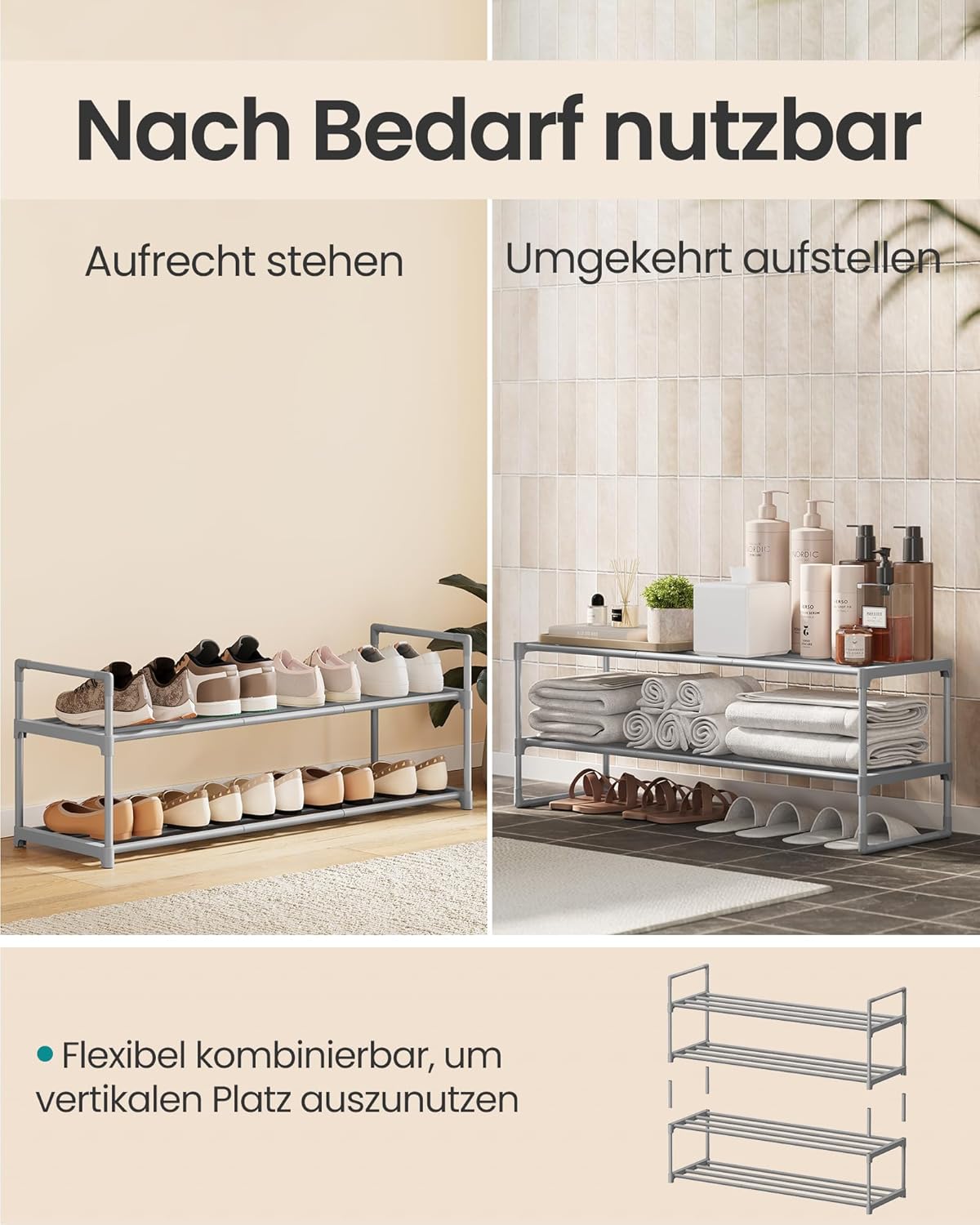 2 Ebenen Schuhregal, LSA012G01, erweiterbar, 2 Ebenen (92B cm) Grau