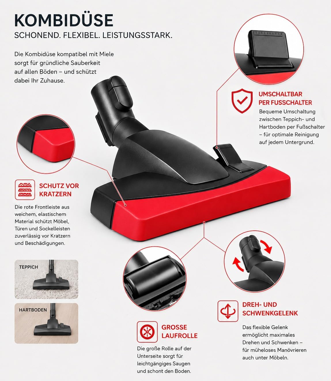 Kombidüse für Miele Staubsauger Boost CX1, Kombidüse Rot