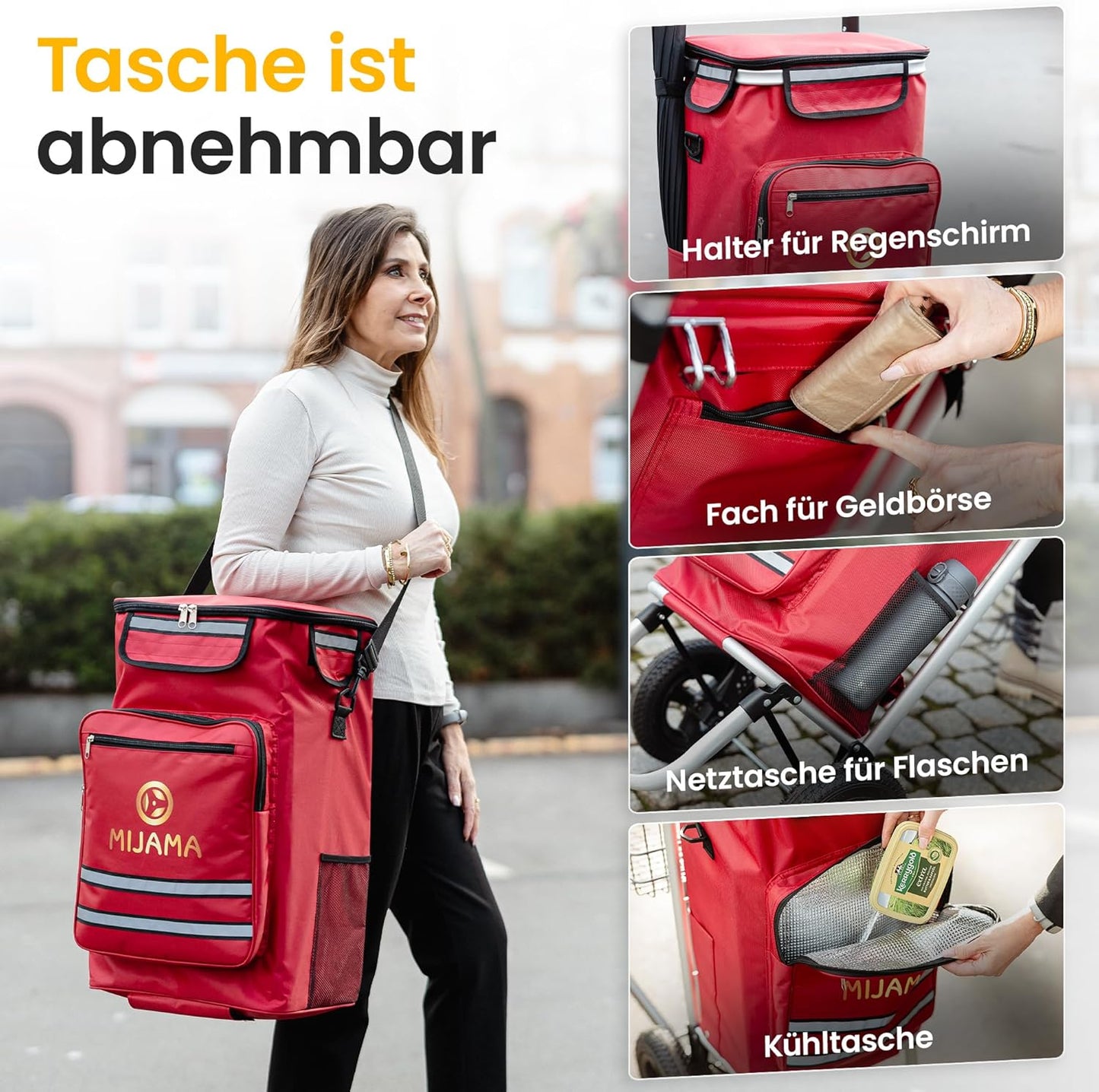 Klappbarer Einkaufstrolley mit Lufträdern & Kühlfach, Bordeauxrot