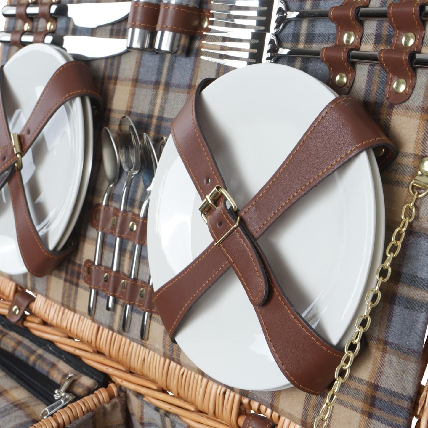 Picknickkorb mit Geschirr-Set und Kühlfach (29-teilig), Blau/Beige Kariert
