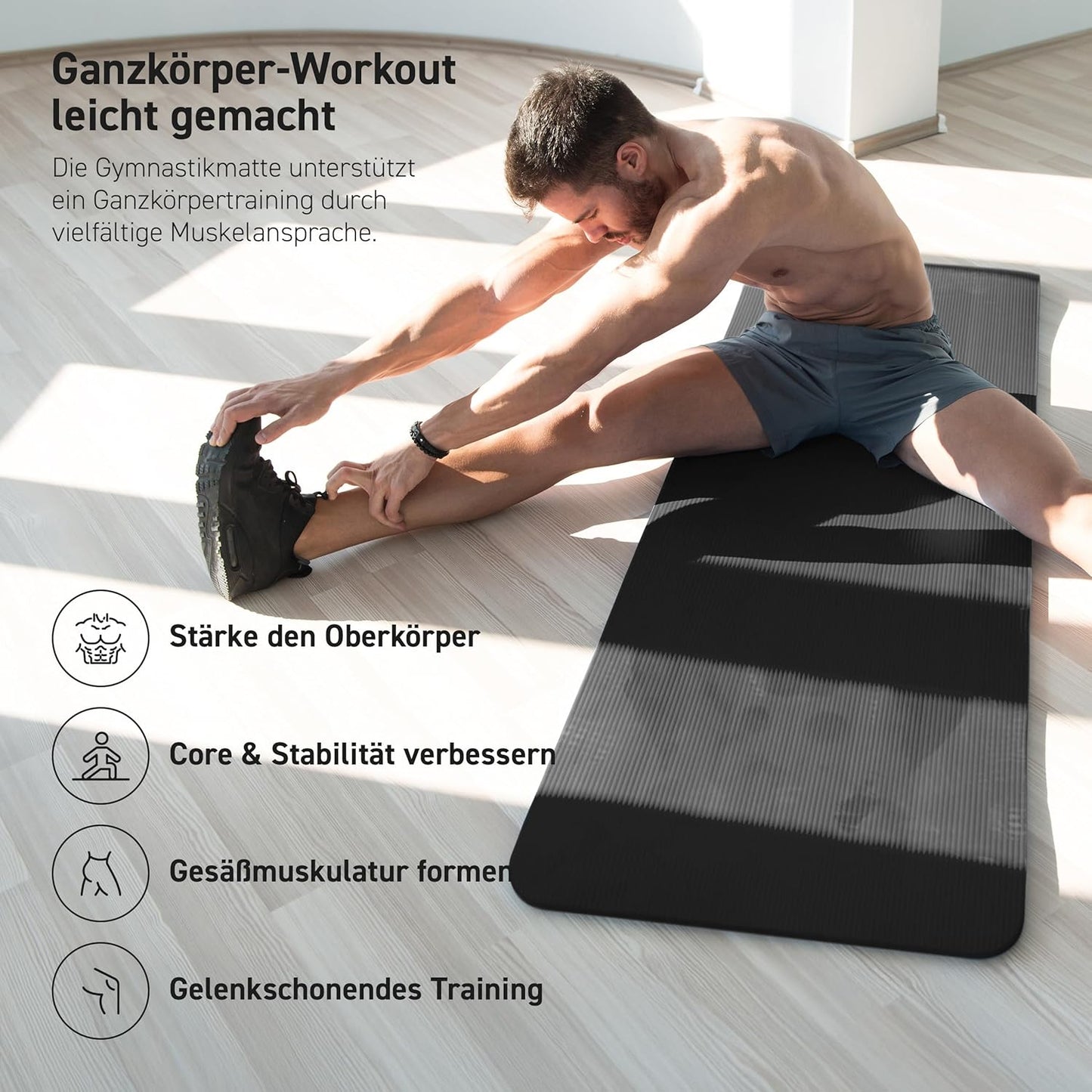 Gymnastikmatte Premium mit Tragegurt und Übungsposter, Schwarz - Matt 190 x 100 x 1,5 cm