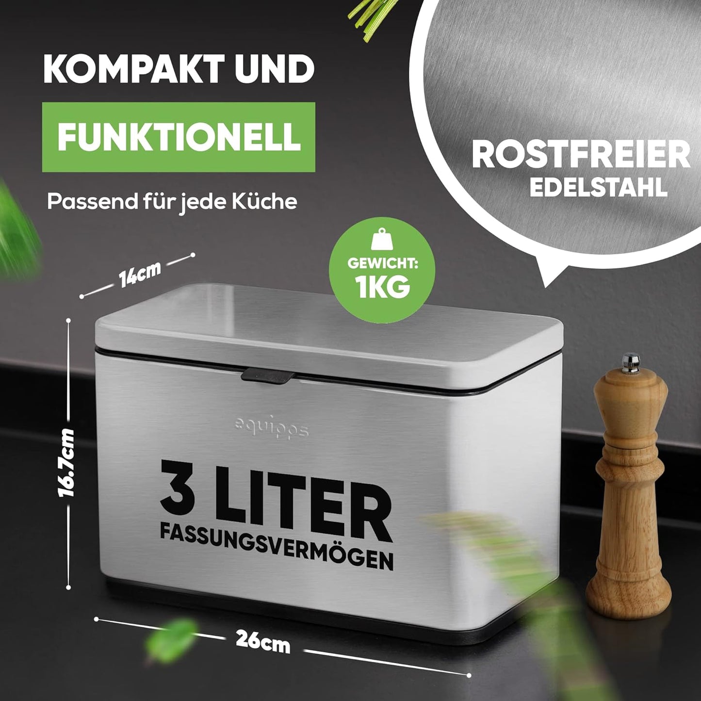 Komposteimer mit Geruchsfilter, 3L, Silber