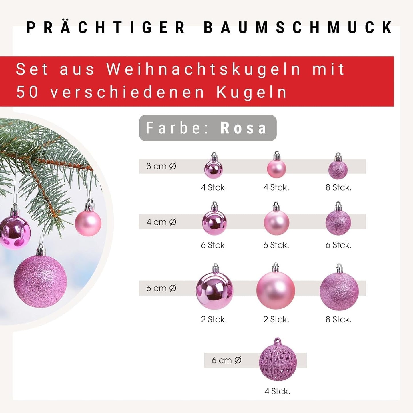 Weihnachtskugeln-Set, 50, Rosa