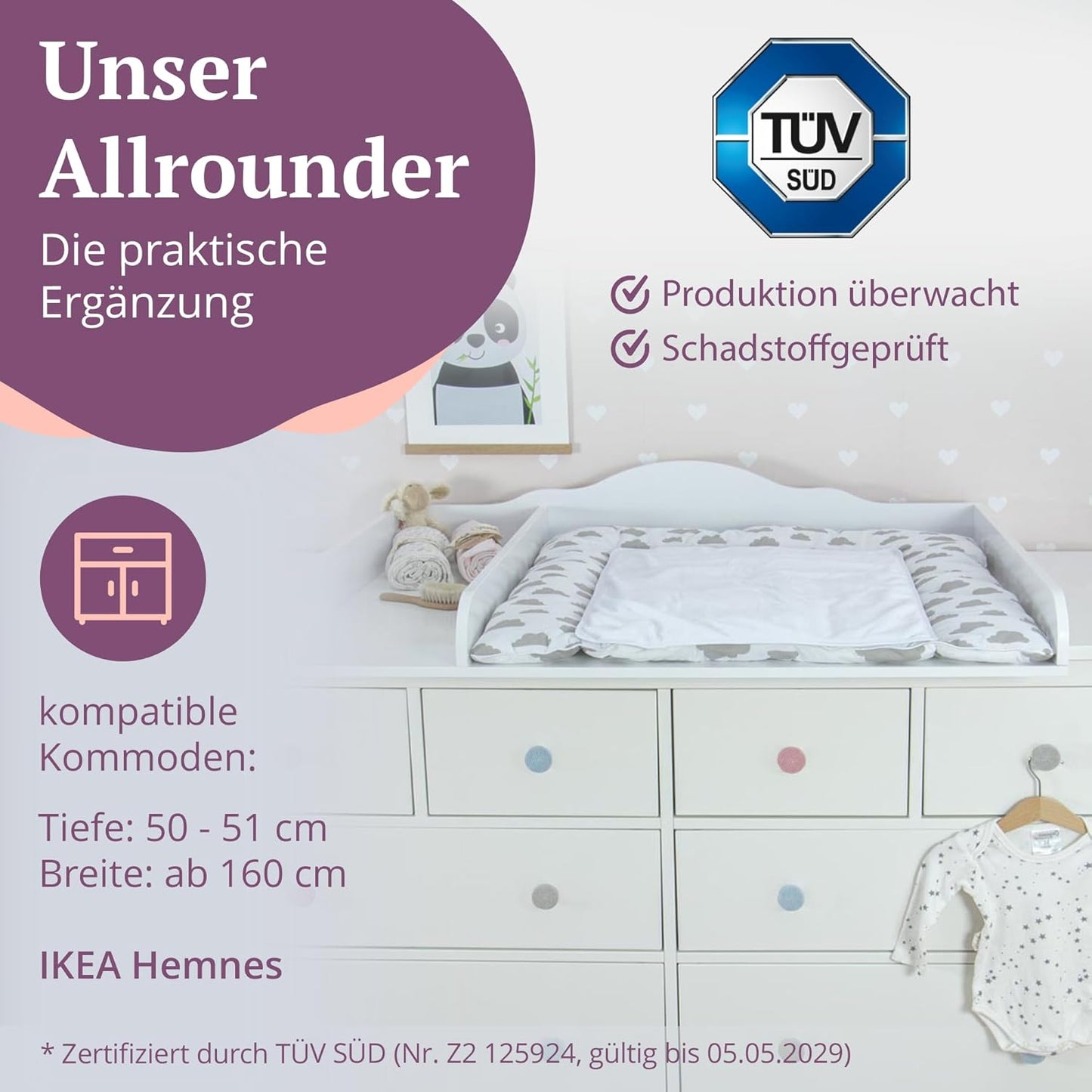 Wickelaufsatz für IKEA Kommode mit Trennfach, Wolke + Trennfach + Blende 160 cm