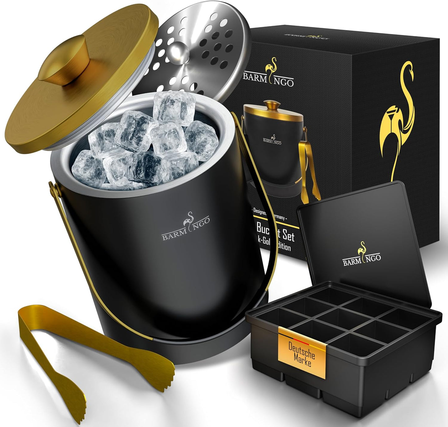 Eiswürfelbehälter mit Deckel und Zange, Schwarz-Gold