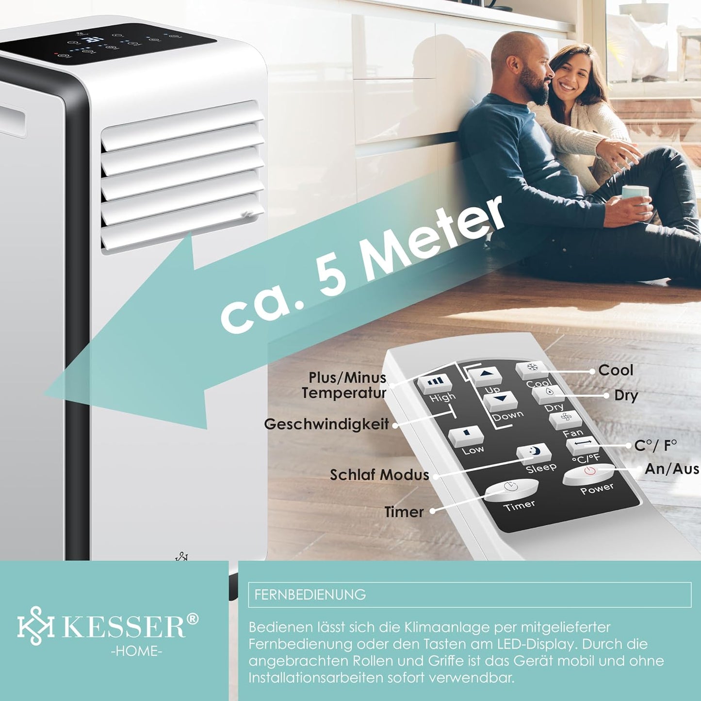 Mobiles Klimagerät 4in1 mit Timer & Fernbedienung, 9000BTU Weiß