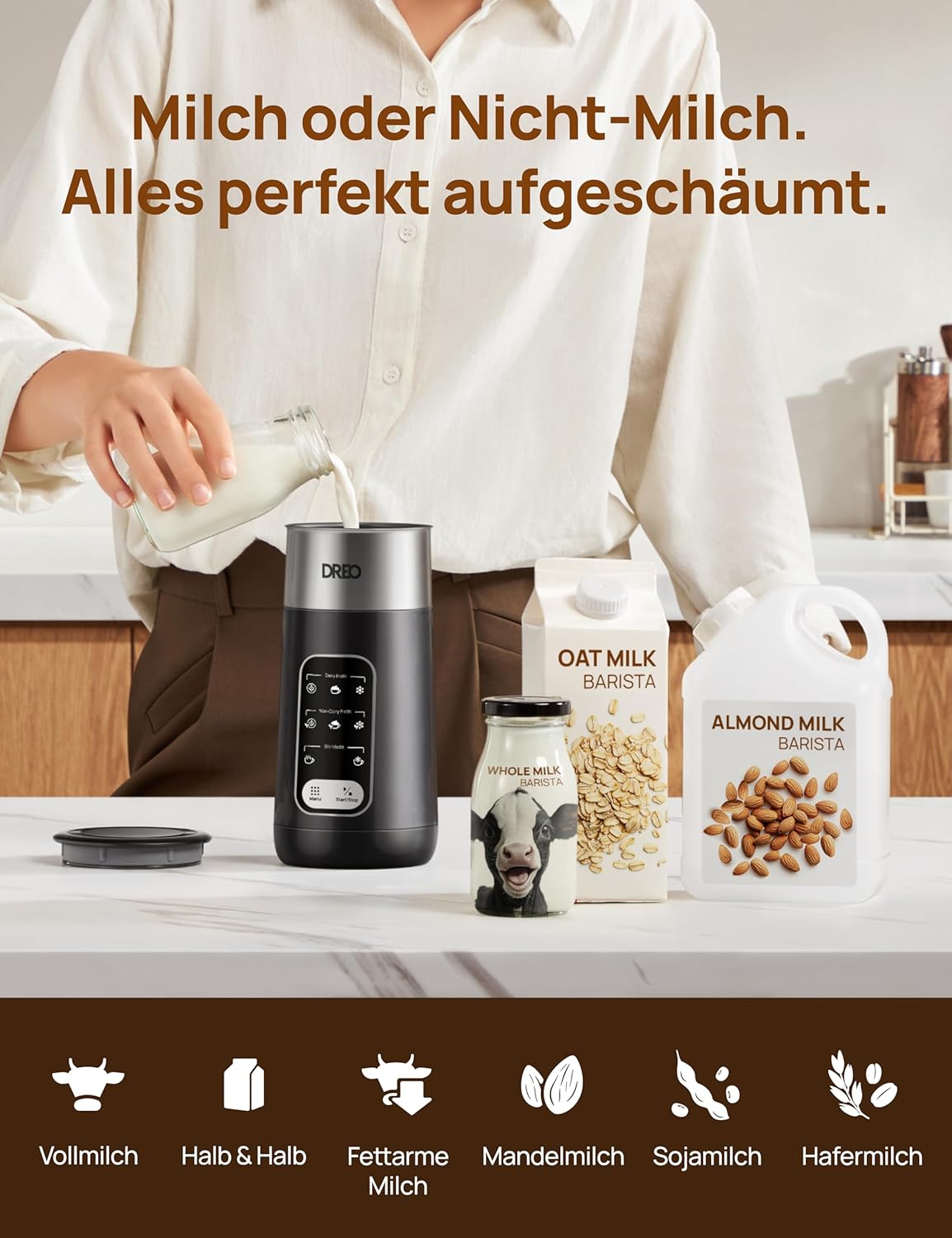 Elektrischer Milchaufschäumer 8-in-1 für Kaffeegetränke, Schwarz