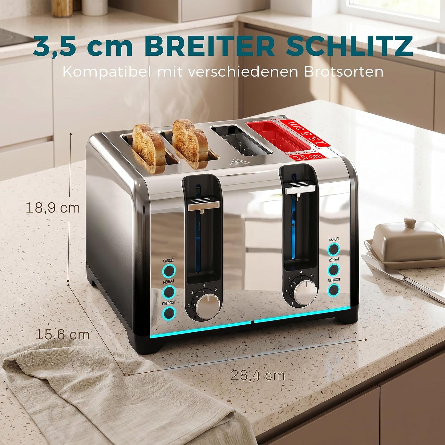 4-Scheiben Toaster mit 7 Bräunungsstufen