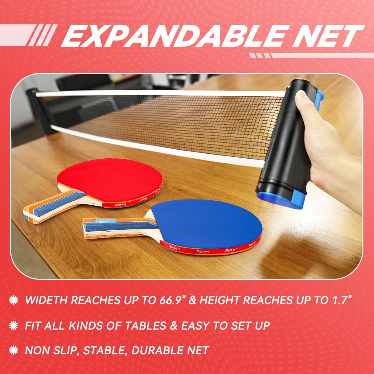 Tischtennis Set mit 4 Schläger & Netz, Rot + Blau