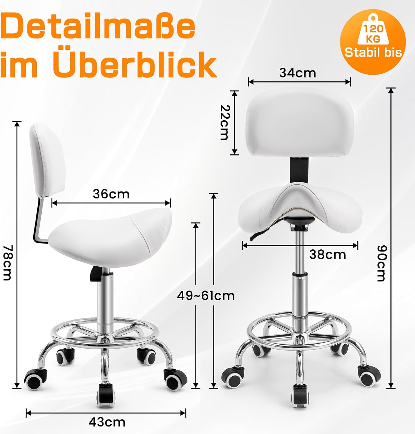 Höhenverstellbarer Sattelhocker mit Lehne, Weiss