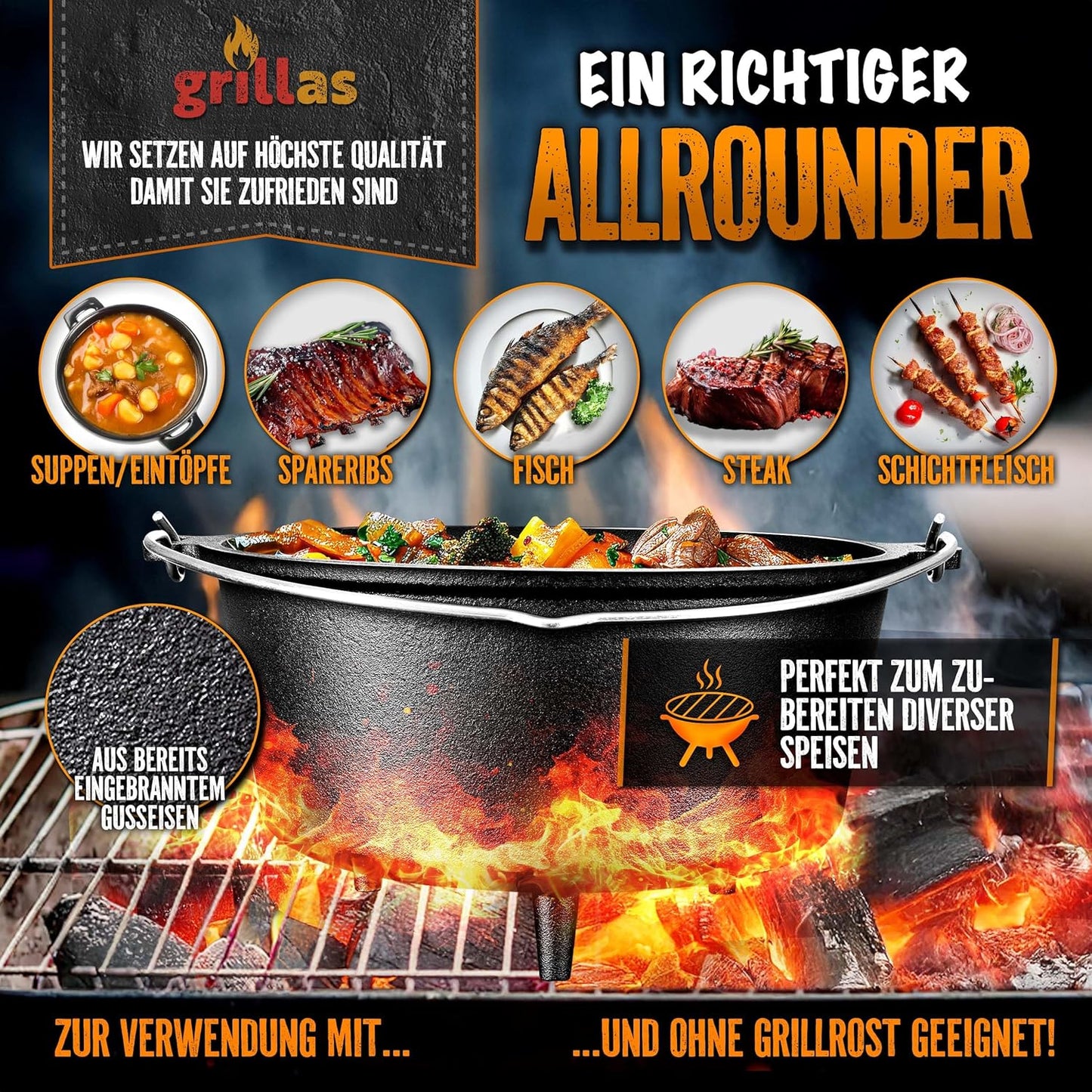 Dutch Oven Set, Topf mit Füsse 9 Liter / 9 QT