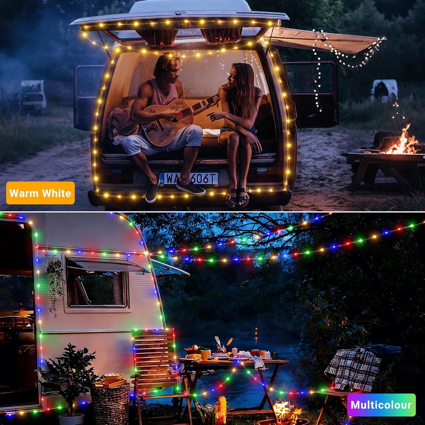 Camping Lichterkette 10M mit 9 Modi und Timer, 10M Warmweiss+bunt