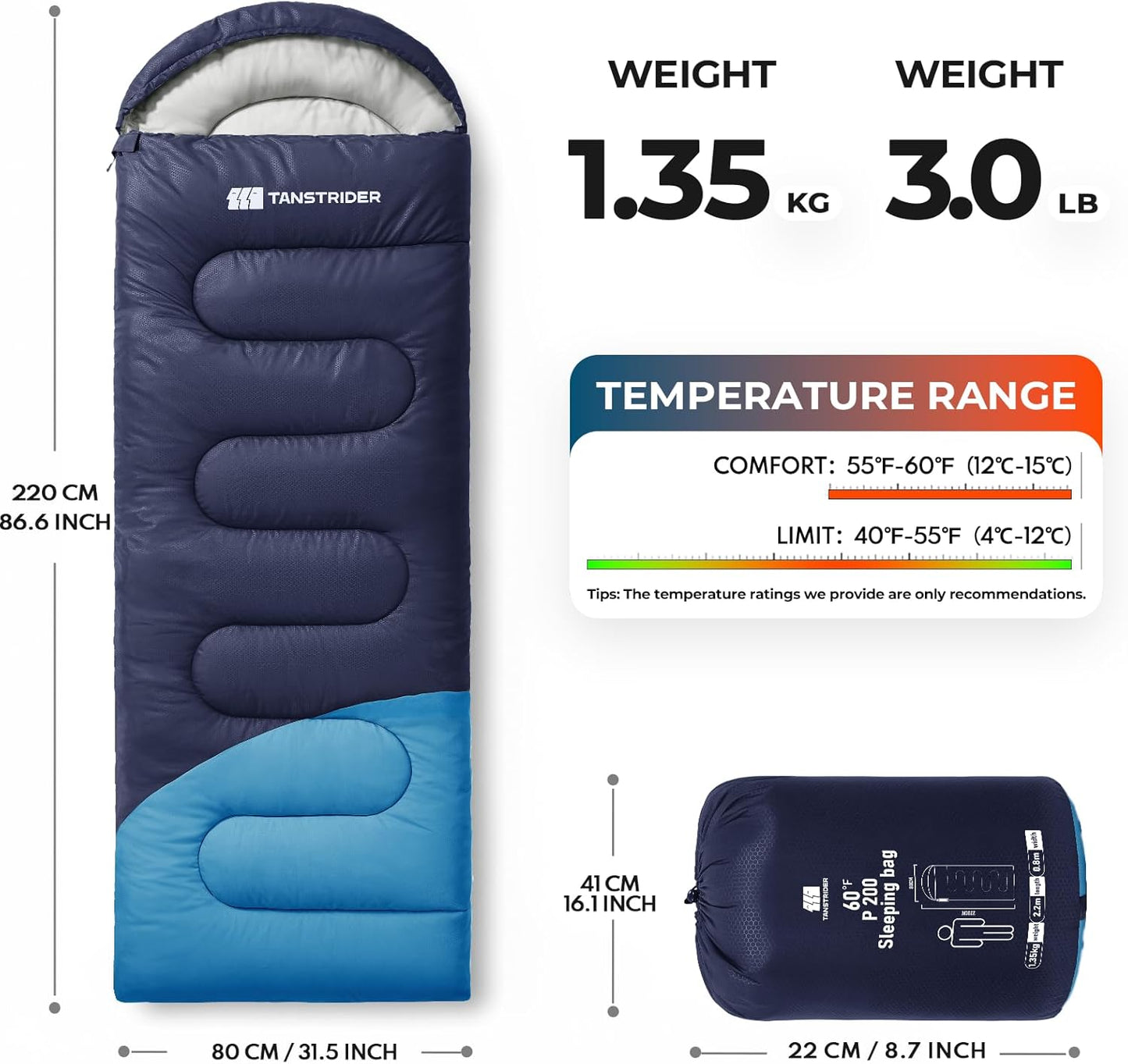 Deckenschlafsack 3 Jahreszeiten, 1.35kg-Marineblau