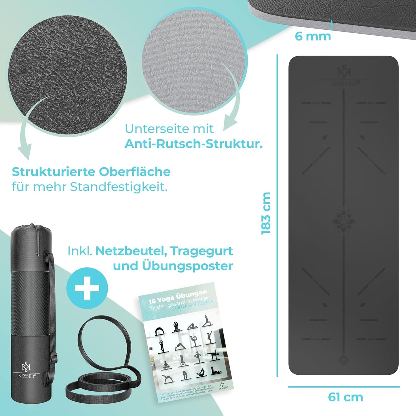 Gymnastik- und Yogamatte mit Tragegurt, Grau
