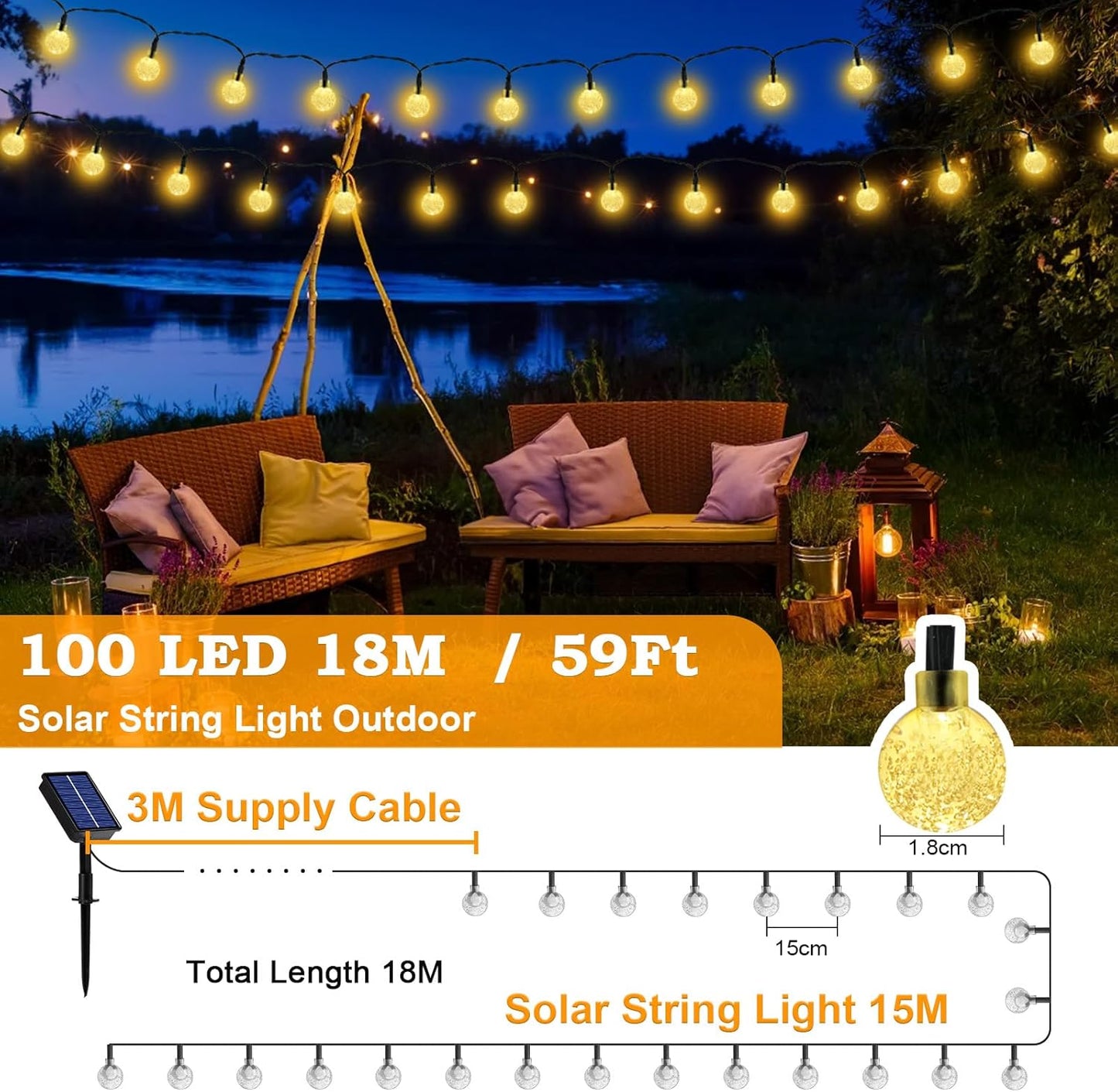 Solarbetriebene LED-Lichterkette für Aussen, Warmweiss 100LED