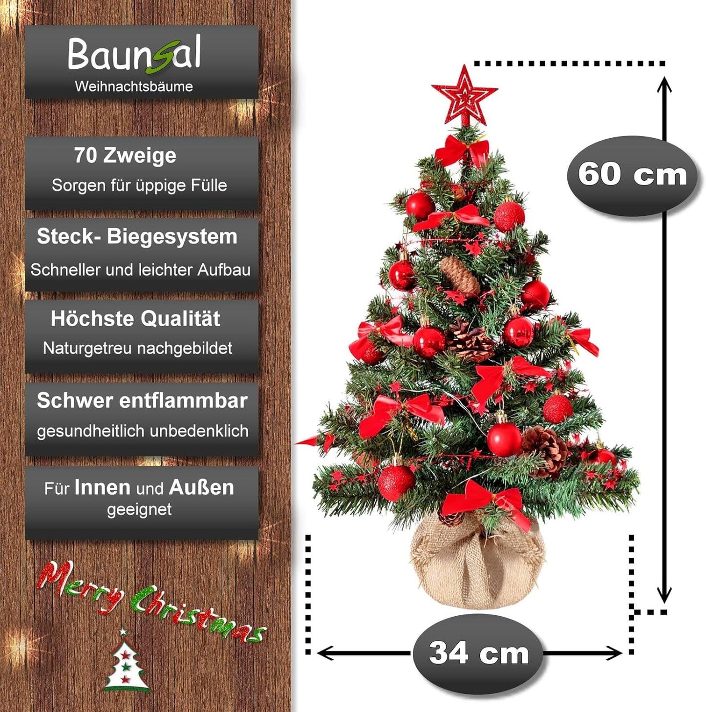 Künstlicher Weihnachtsbaum mit LED & Deko (60 cm), 60 cm Grün-rot-braun+warmweiss