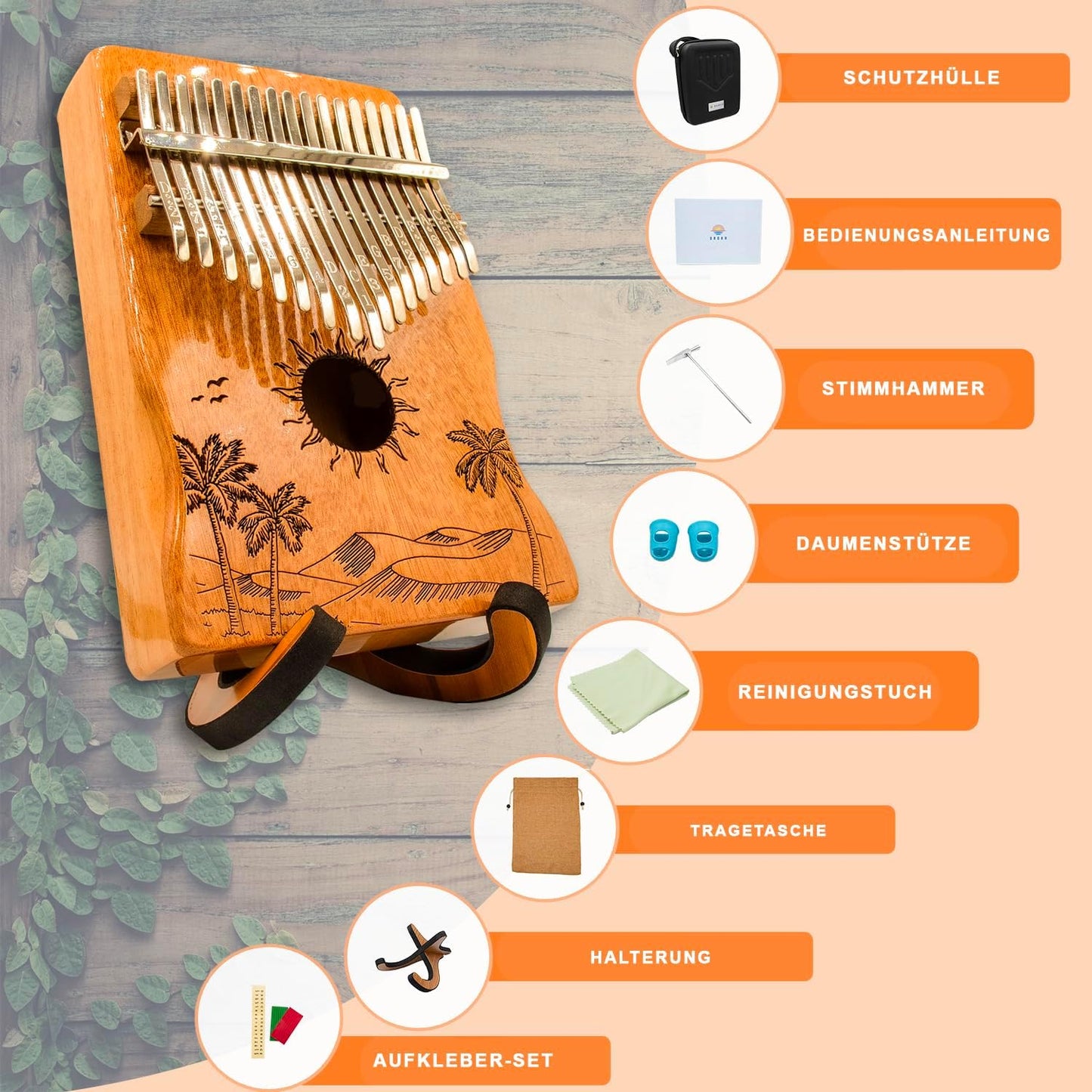 Kalimba Daumenklavier mit 17 Tasten und Zubehör-Set