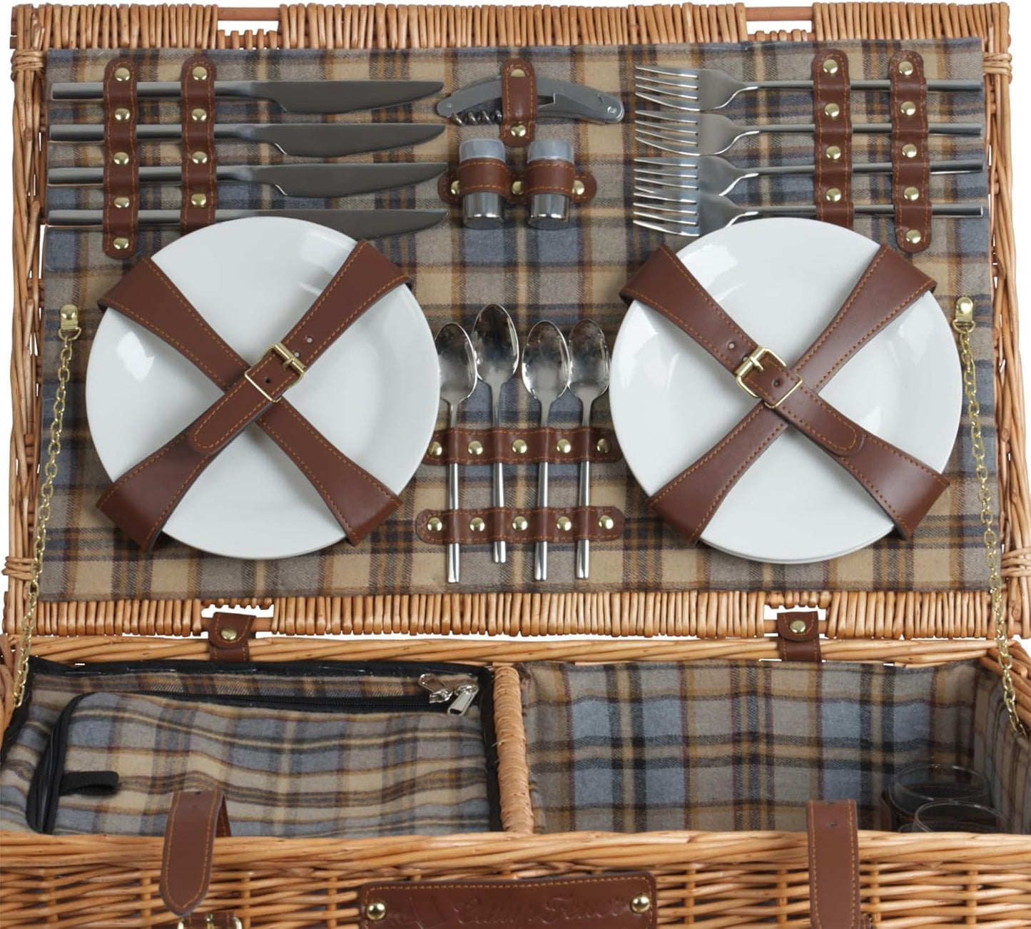 Picknickkorb mit Geschirr-Set und Kühlfach (29-teilig), Blau/Beige Kariert