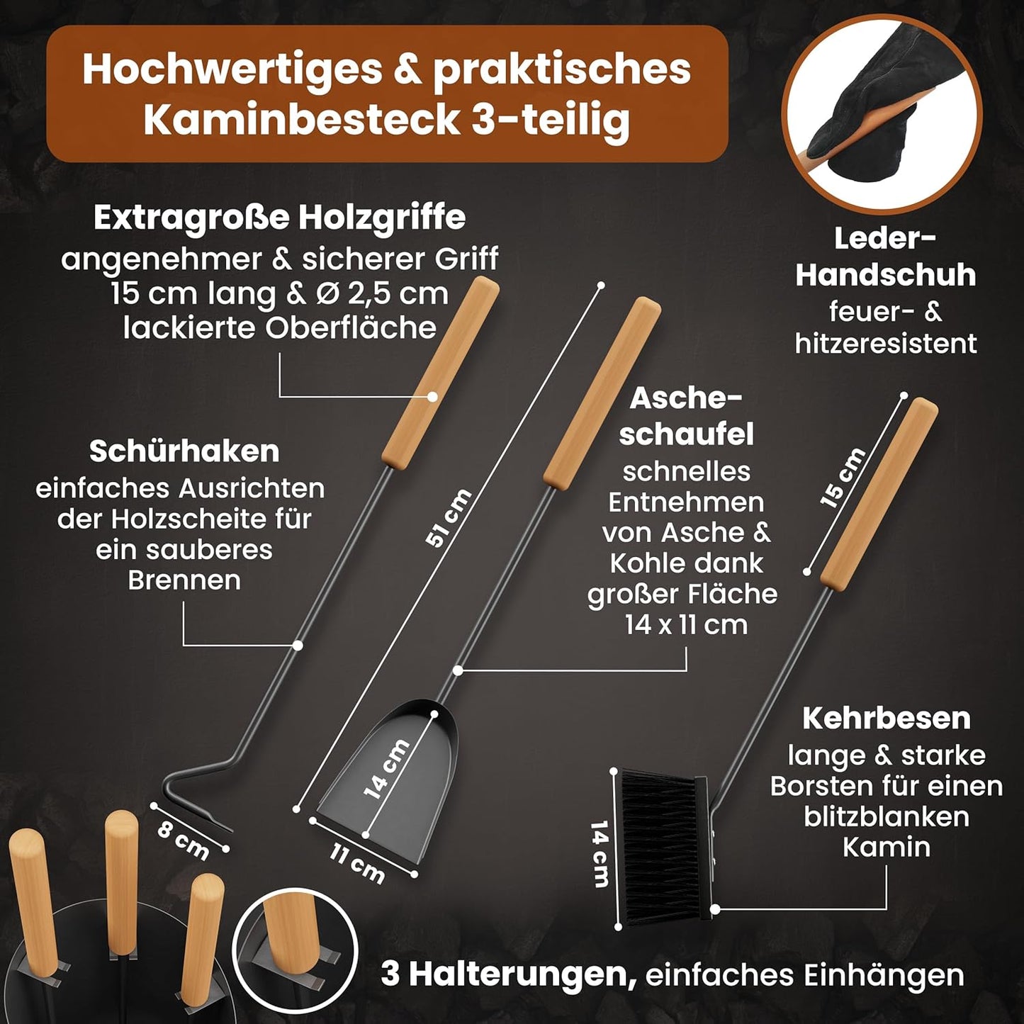 4-teiliges Kaminbesteck-Set Vail, Kaminbesteck + Handschuh