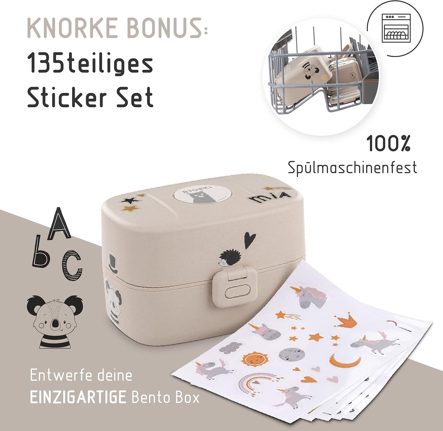 Bento Box für Kinder mit Namenssticker, Pastell Beige