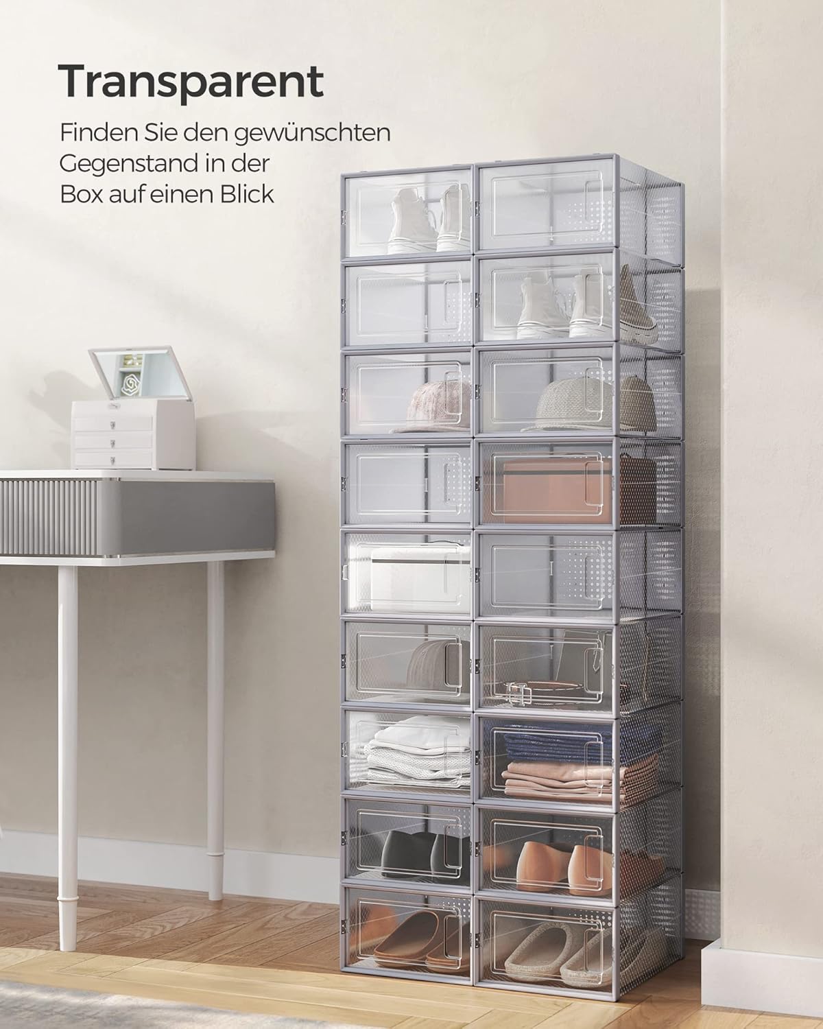 18-teiliges Schuh-Organizer-Set, Transparent + Grau 18er Set für Schuhe bis Größe 44