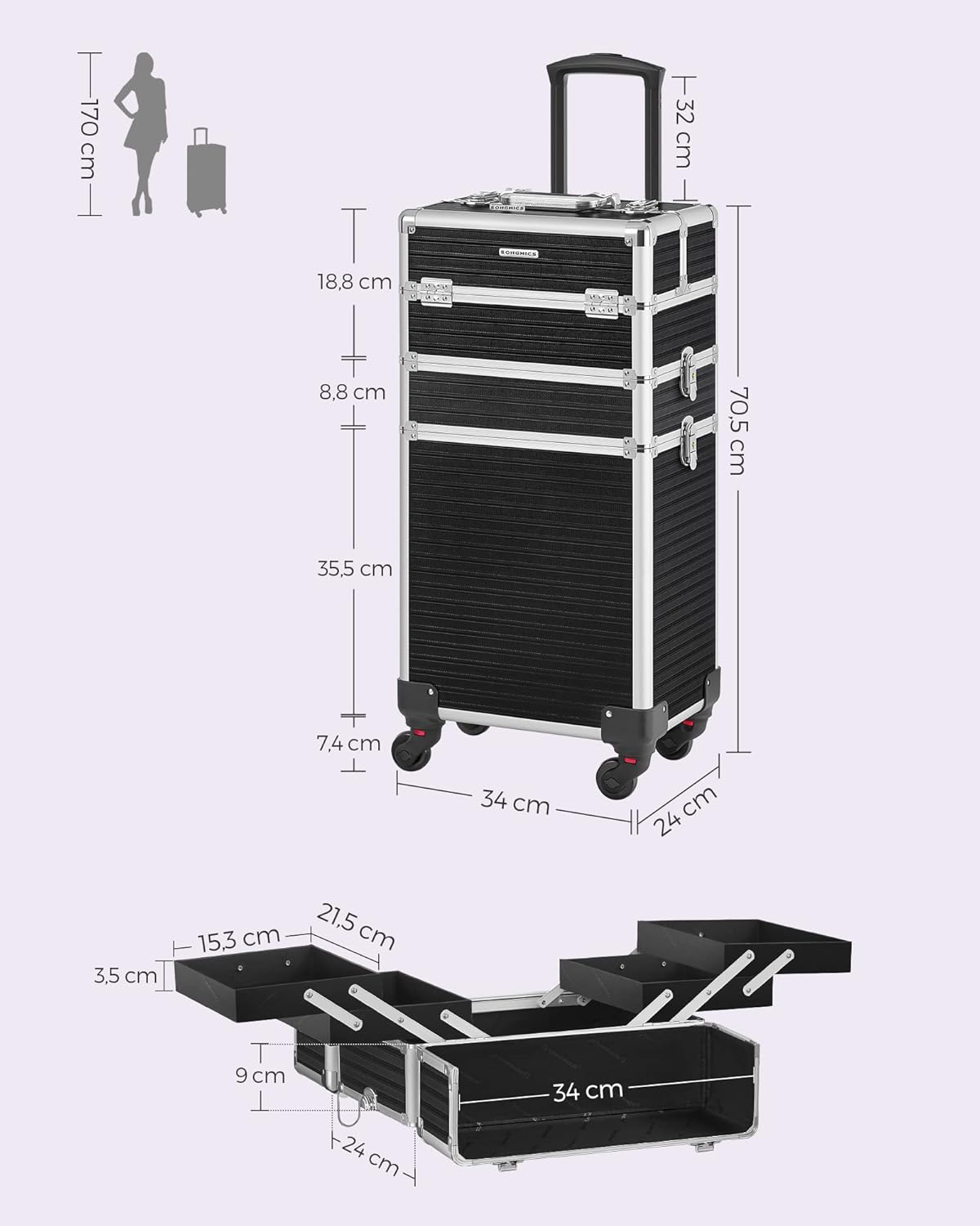 3-in-1 Kosmetikkoffer Trolley mit 360° Rollen, JHZ014B01, Schwarz 3 in 1 (34 x 24 x 70,5 cm)