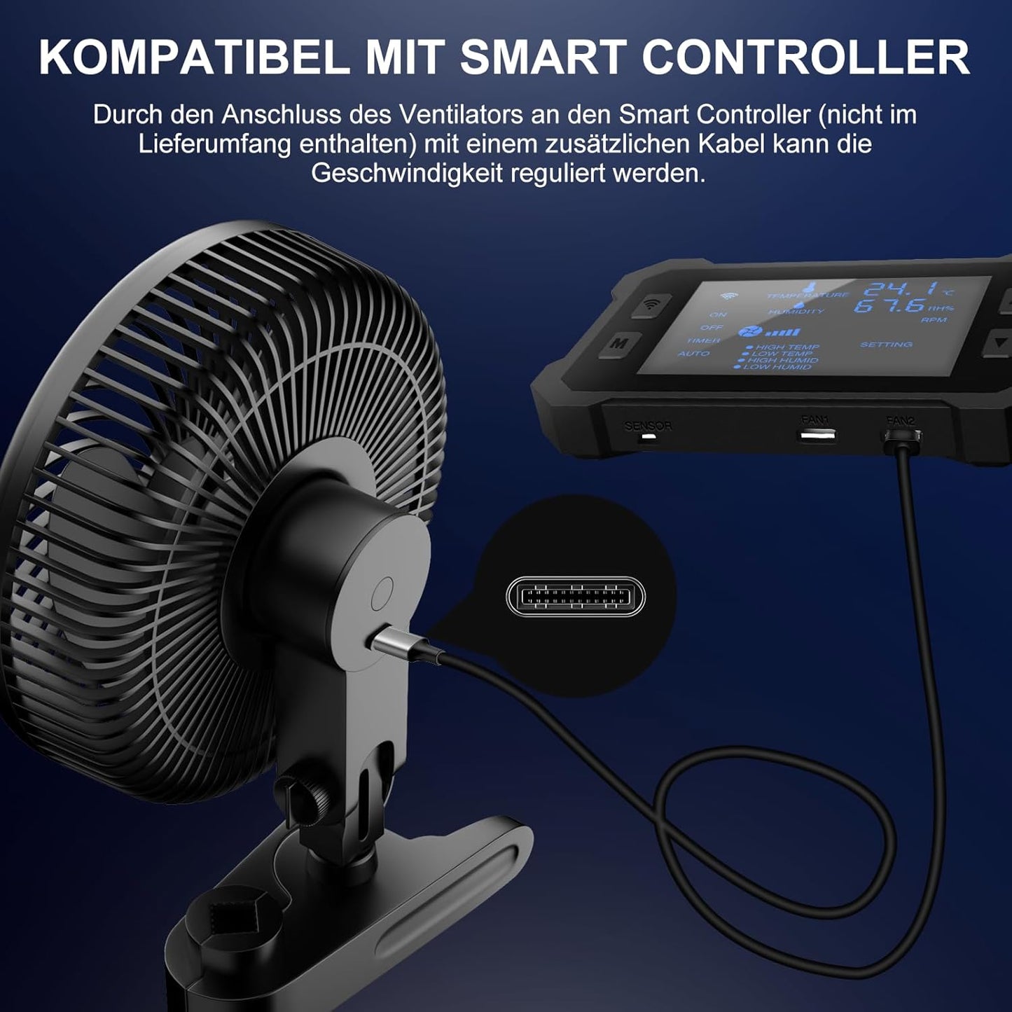 Grow Ventilator mit Clip, 10 Geschwindigkeitsstufen, Schwarz