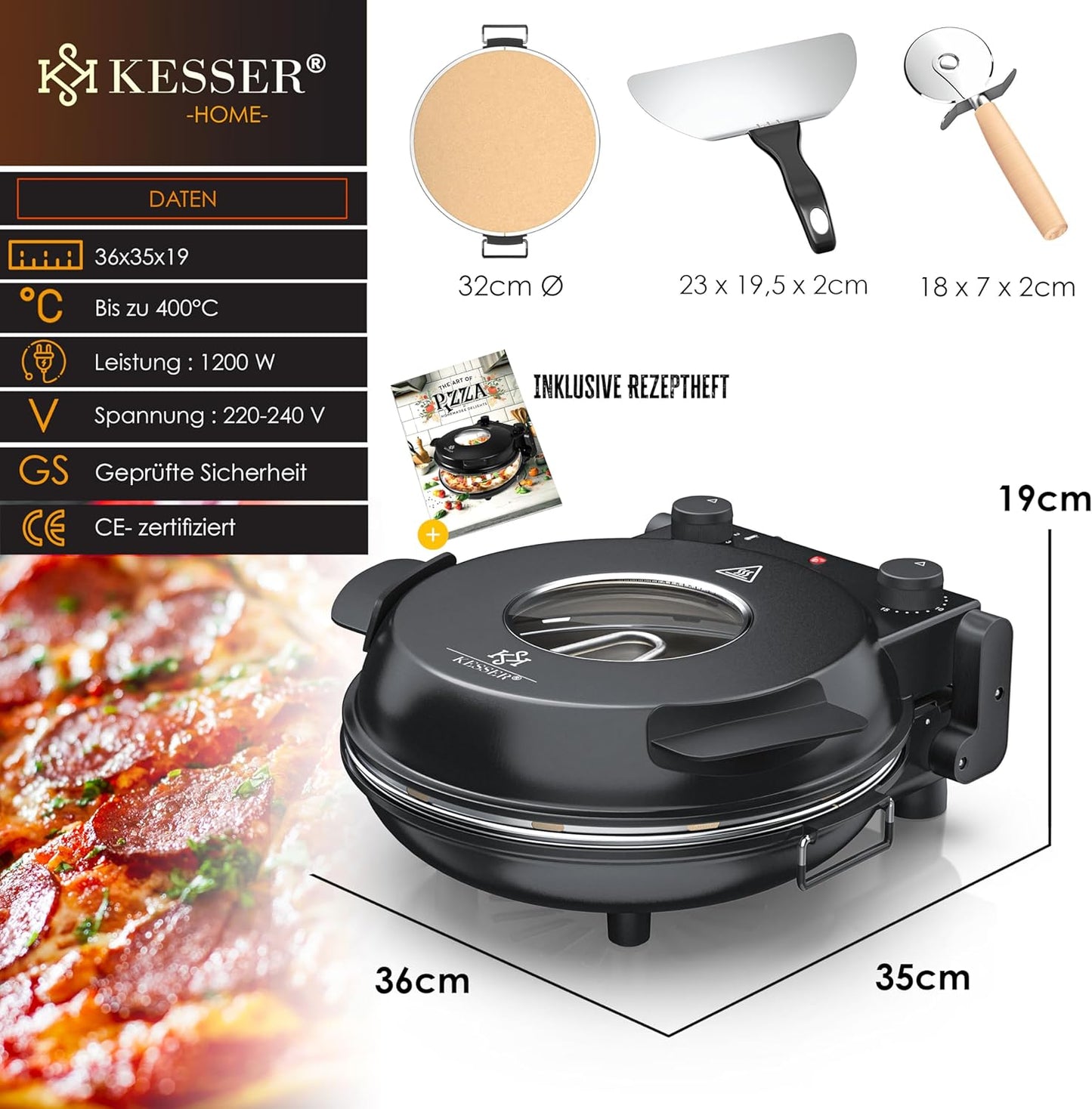 Pizza-Ofen mit feuerfester Steinplatte & Timer, Schwarz