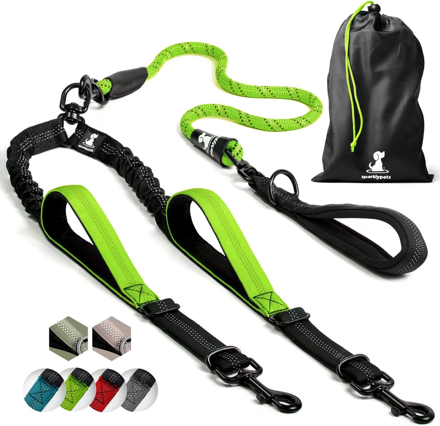 Hundeleine für 2 Hunde mit Bungee Ruckdämpfer, 165 cm lang, Grün, Für 2 mittelgrosse/grosse Hunde