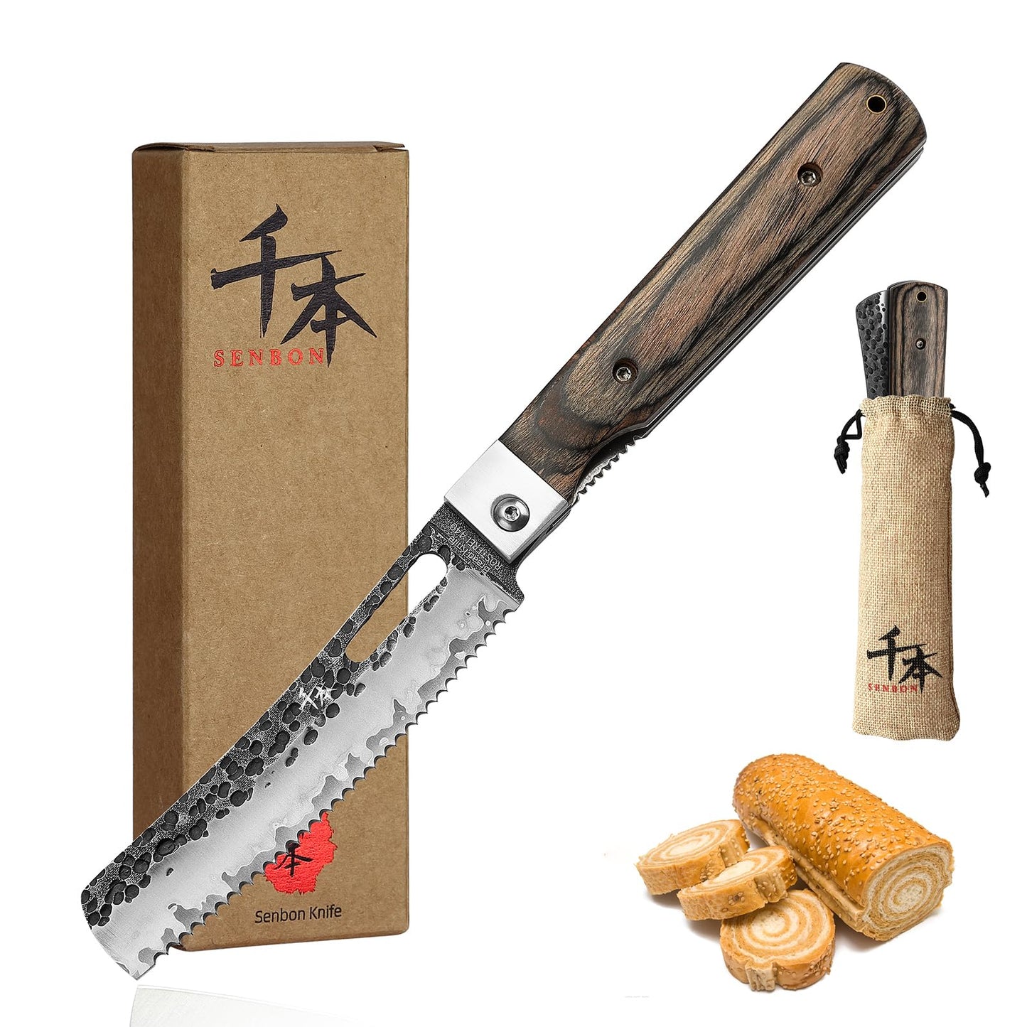 Faltbares Brotmesser mit Holzgriff, Silber