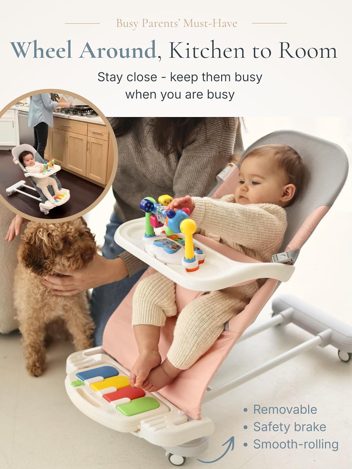 4-in-1 Babywippe mit Rädern, abnehmbares Klavier & Futtertablett, Blau