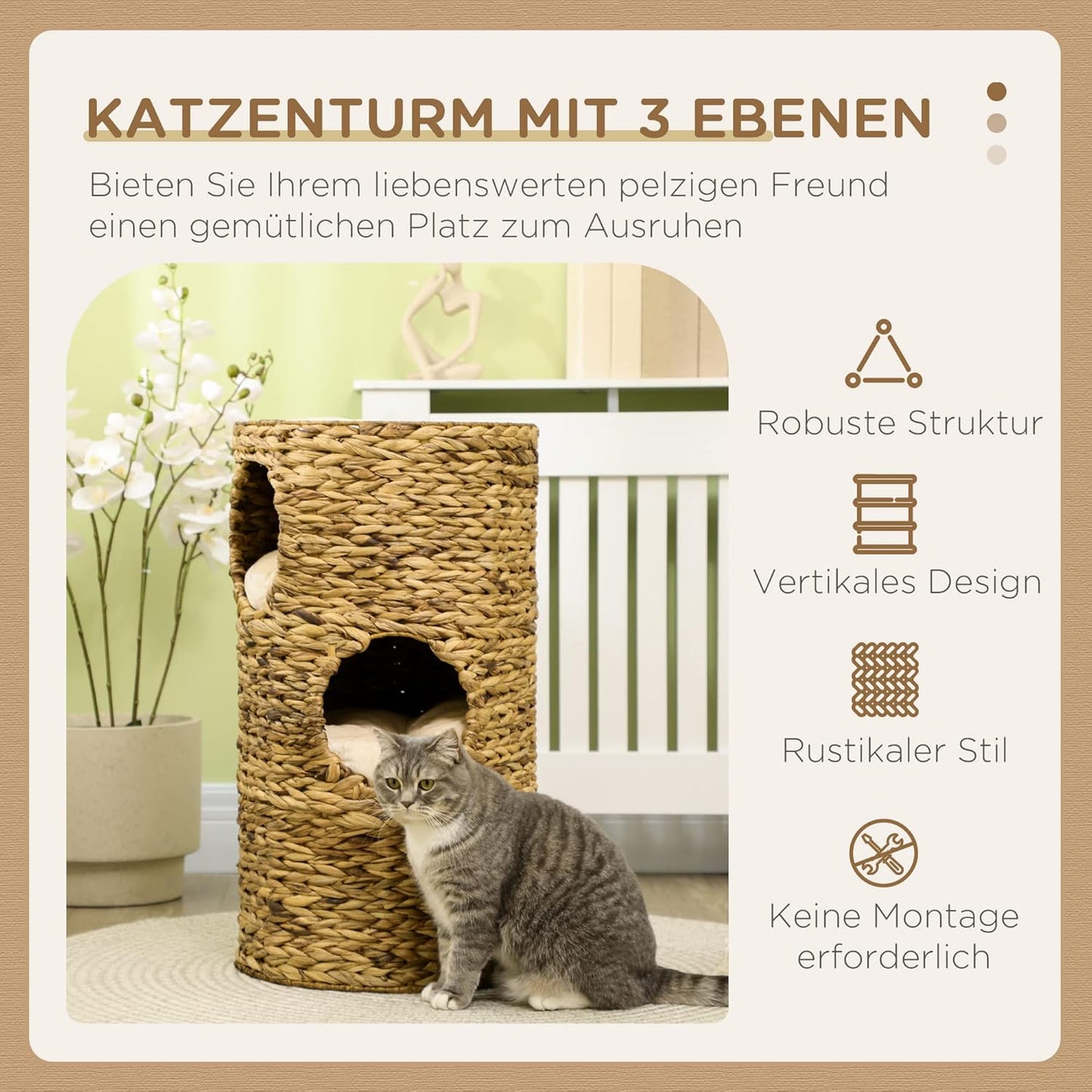 Kratztonne mit Höhlen und Kissen (73 cm), Hellbraun 40L x 40B x 73H cm