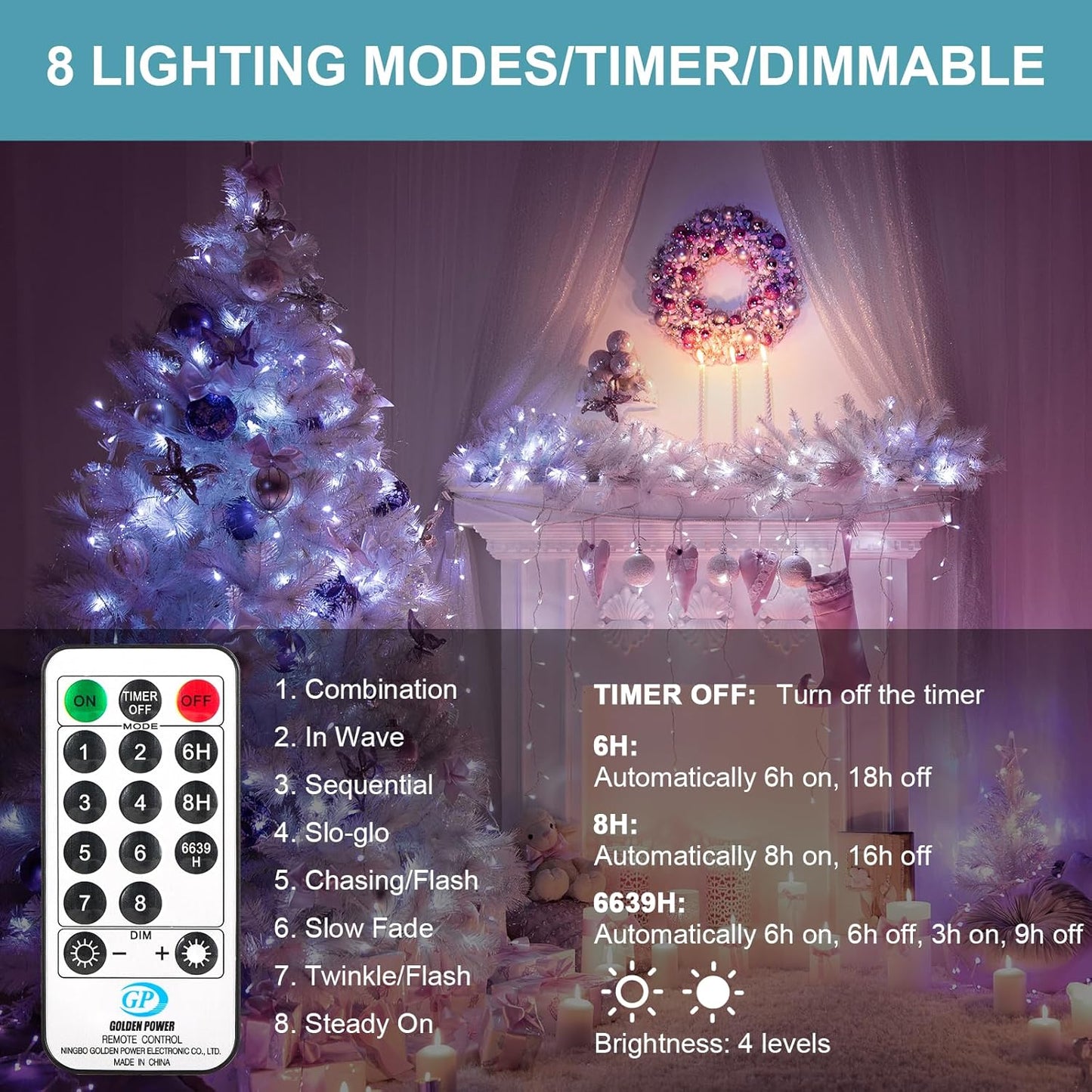 2 x LED Lichterketten mit 8 Leuchtmodi, 2 Stück / Kaltweiss