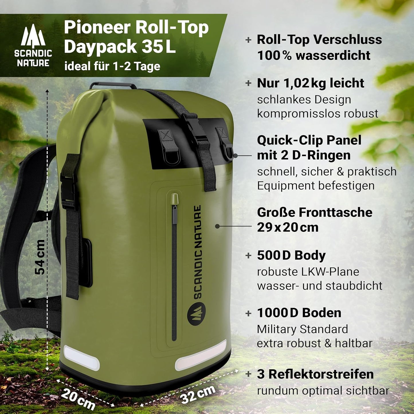 Wasserdichter Rucksack mit Rolltop-Verschluss und Handyhülle, Oliv-grün 35 Liter