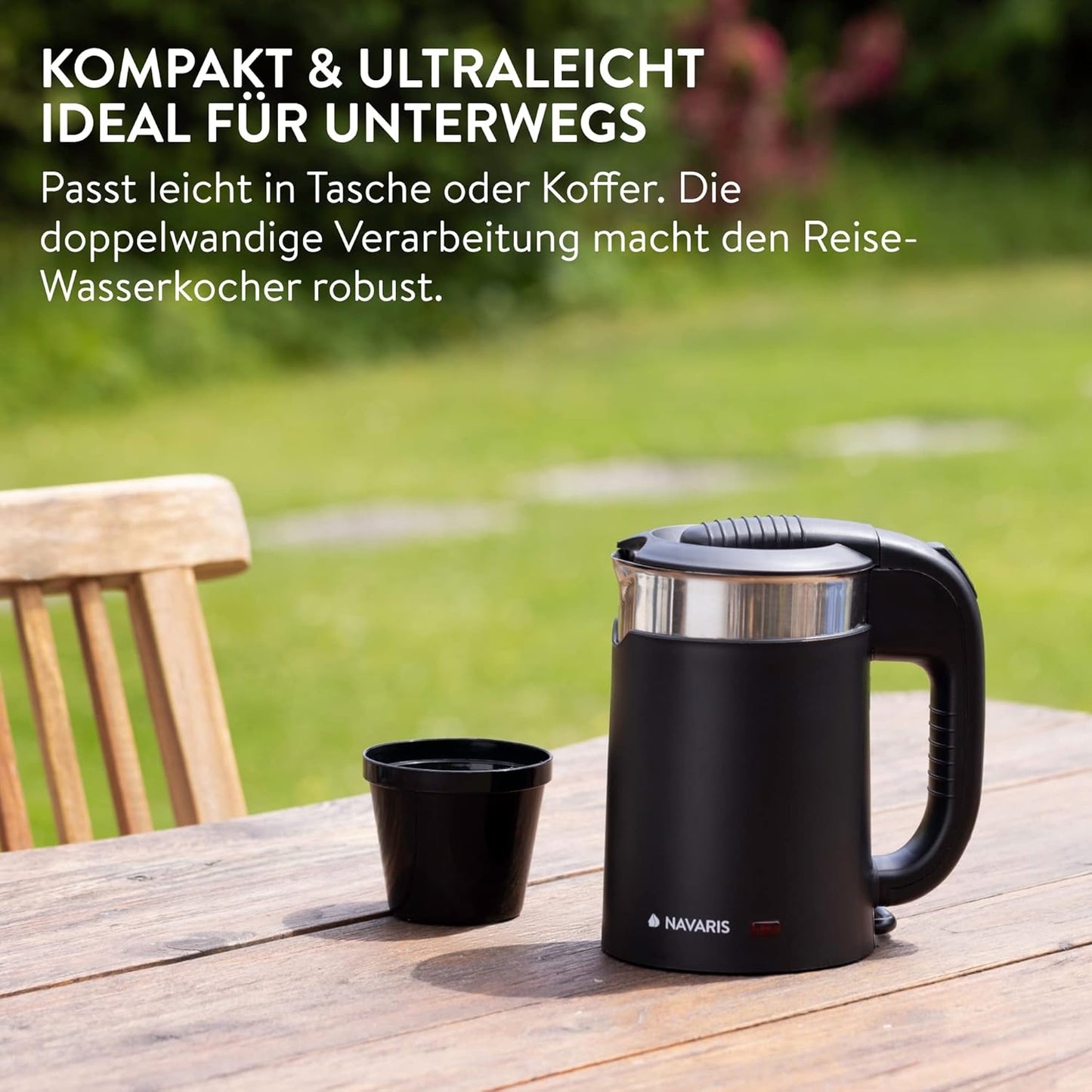 Reisewasserkocher mit Trinkbechern (0,5 Liter), Schwarz
