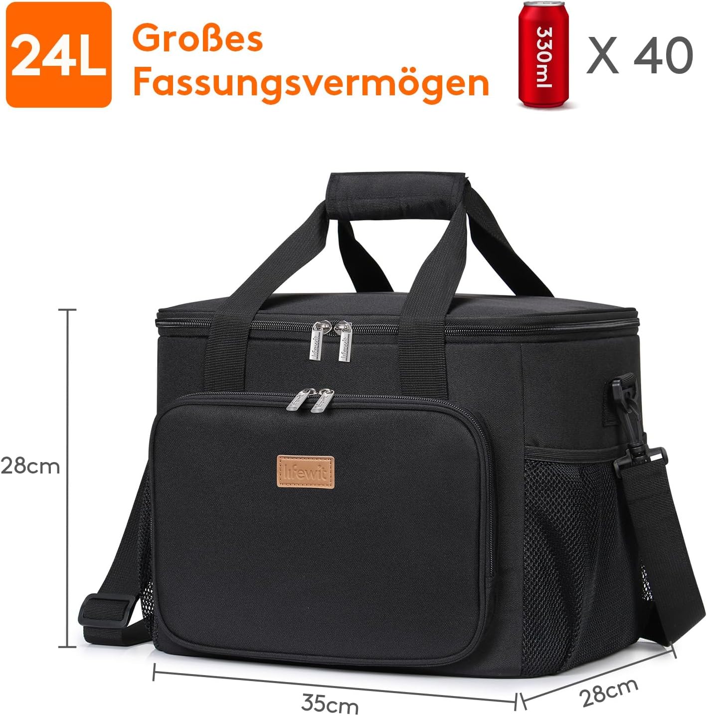 Grosse Faltbare Kühltasche 24L für Reisen und Picknick, 24L Schwarz