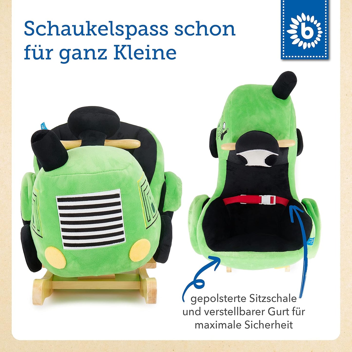 Plüsch Schaukeltier Traktor mit Sicherheitsgurt, grün