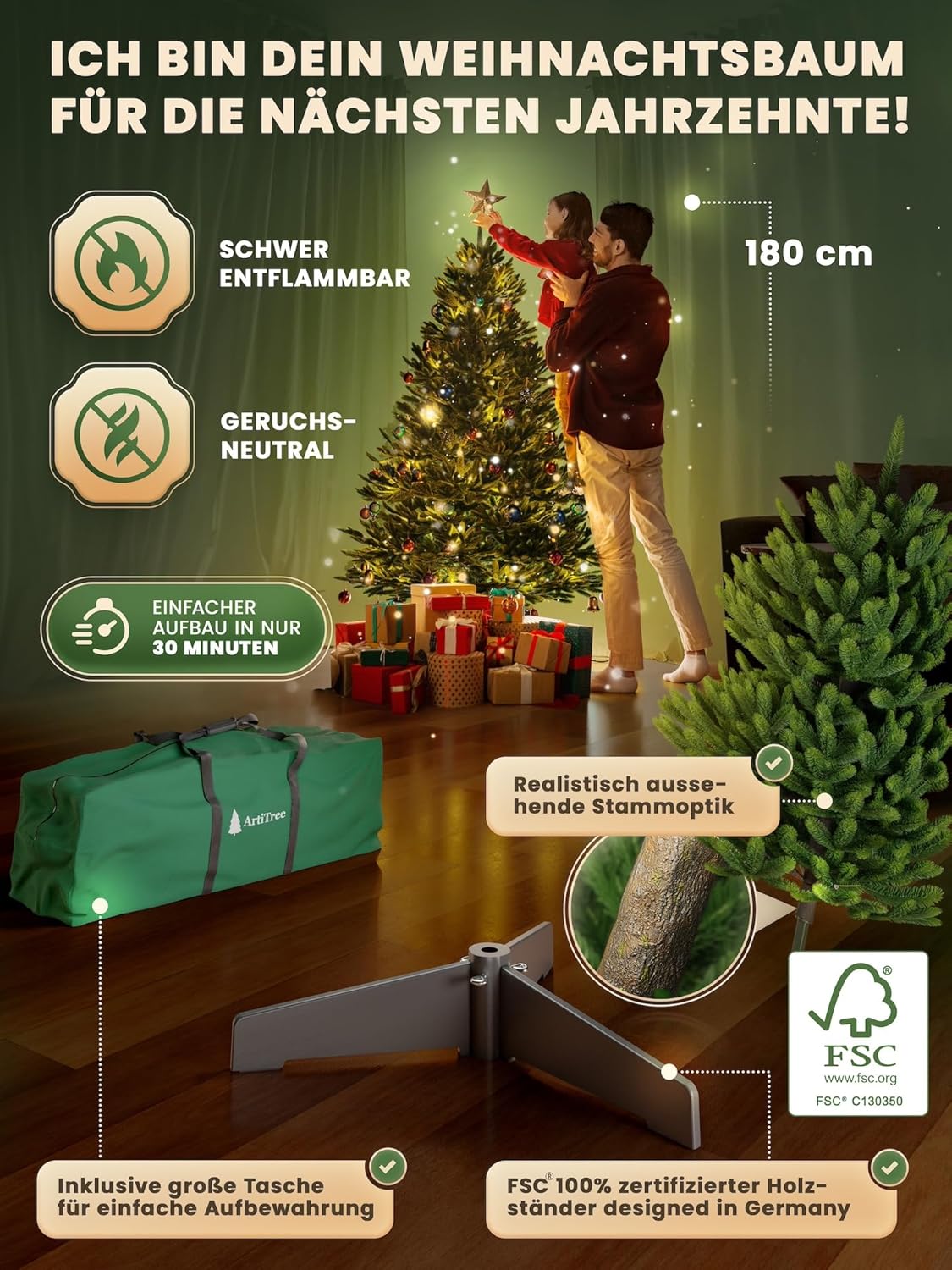 Künstlicher Weihnachtsbaum Nordfichte mit Holzständer, ohne Beleuchtung 180 cm
