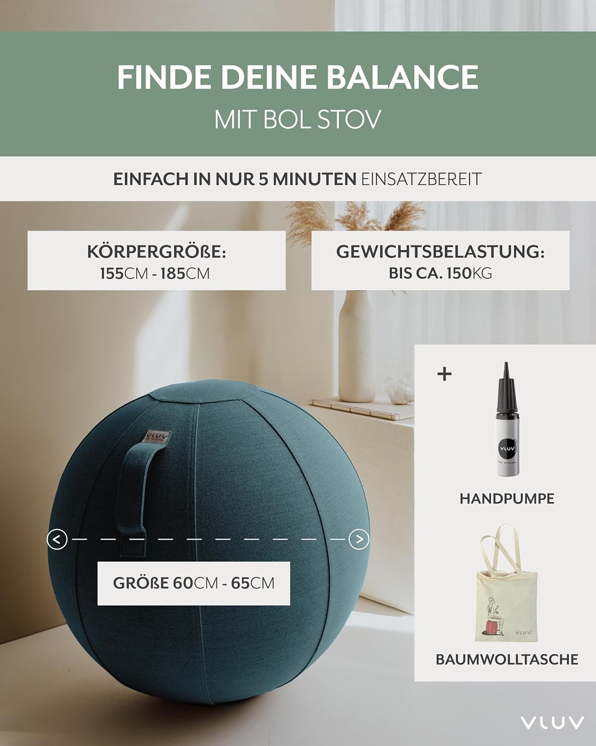 Ergonomischer Sitzball Stov, 60cm - 65cm Petrol