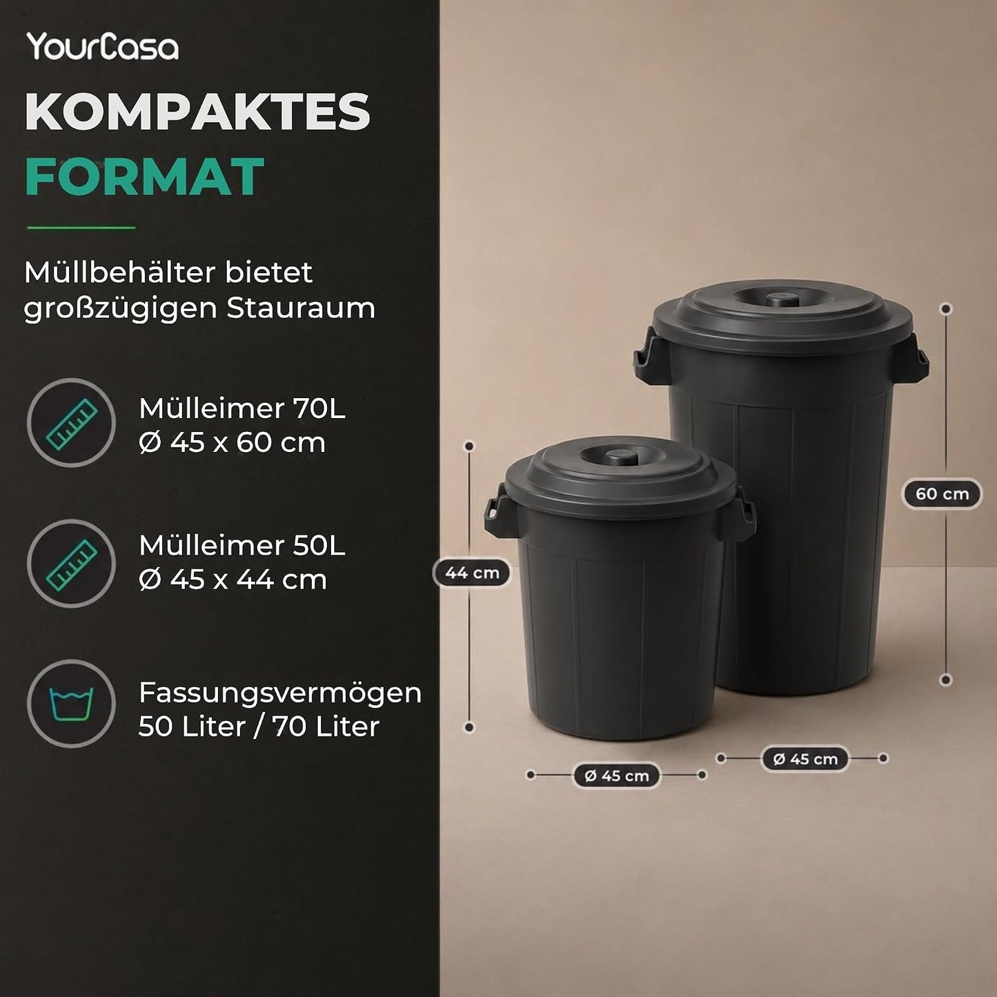 Universal-Mülltonnen mit Deckel, 2 Stück, Schwarz 2x50L