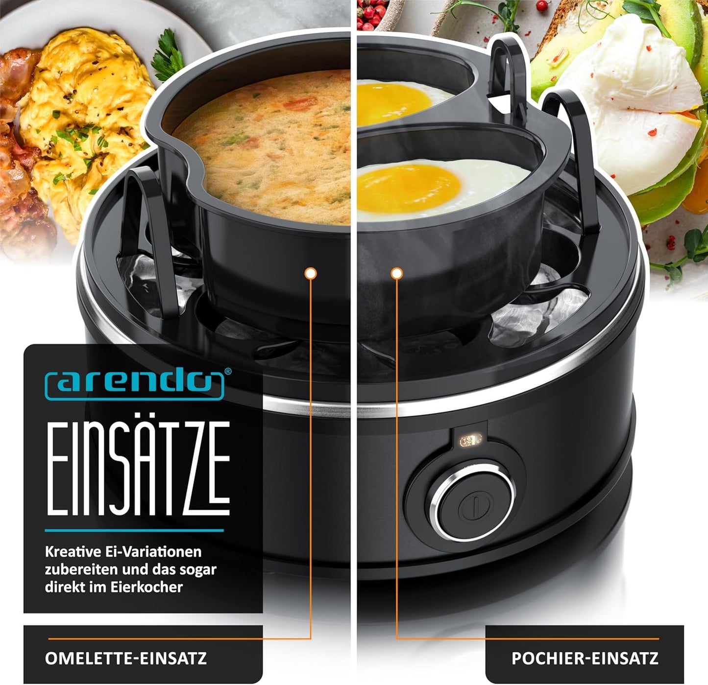 Eierkocher mit Einsätzen für pochierte Eier & Omelette, B: Schwarz