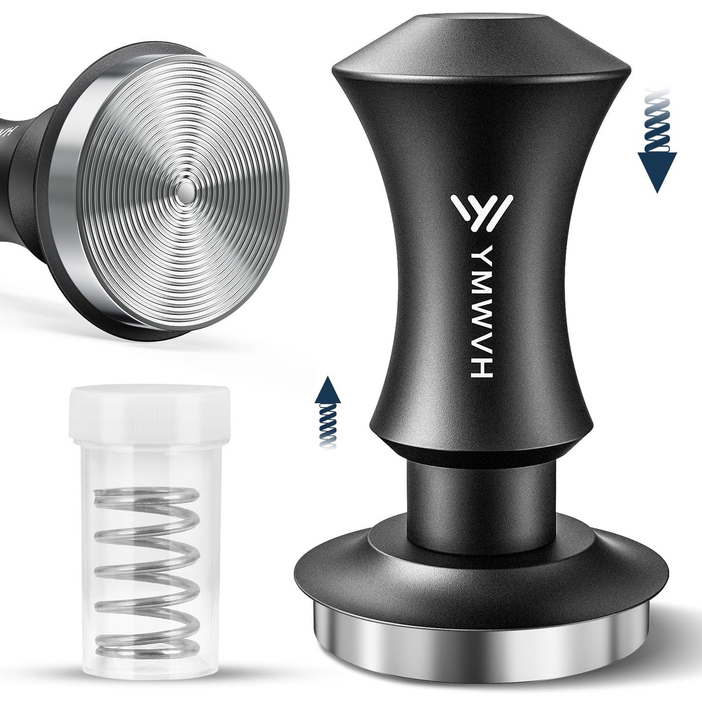 Espresso Tamper mit Ripple Base, Schwarz 58mm mit 20lb Ersatzfeder