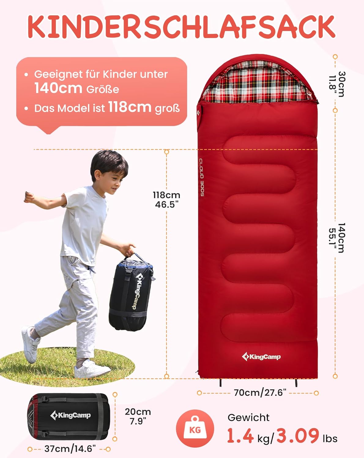 Kinderschlafsack mit Flannel, Rot L