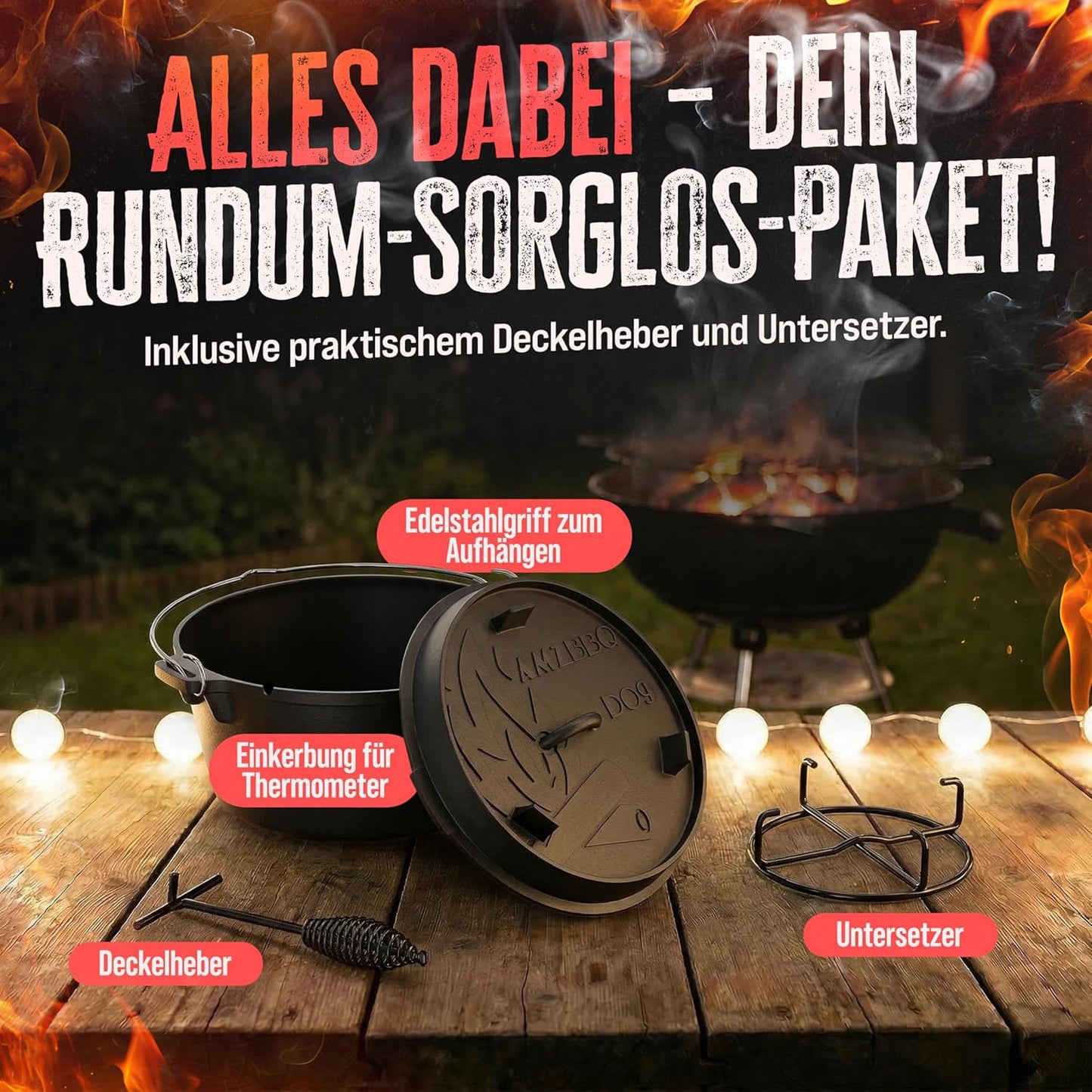 Dutch Oven mit Zubehör, Topf Ohne Füsse 9 Liter